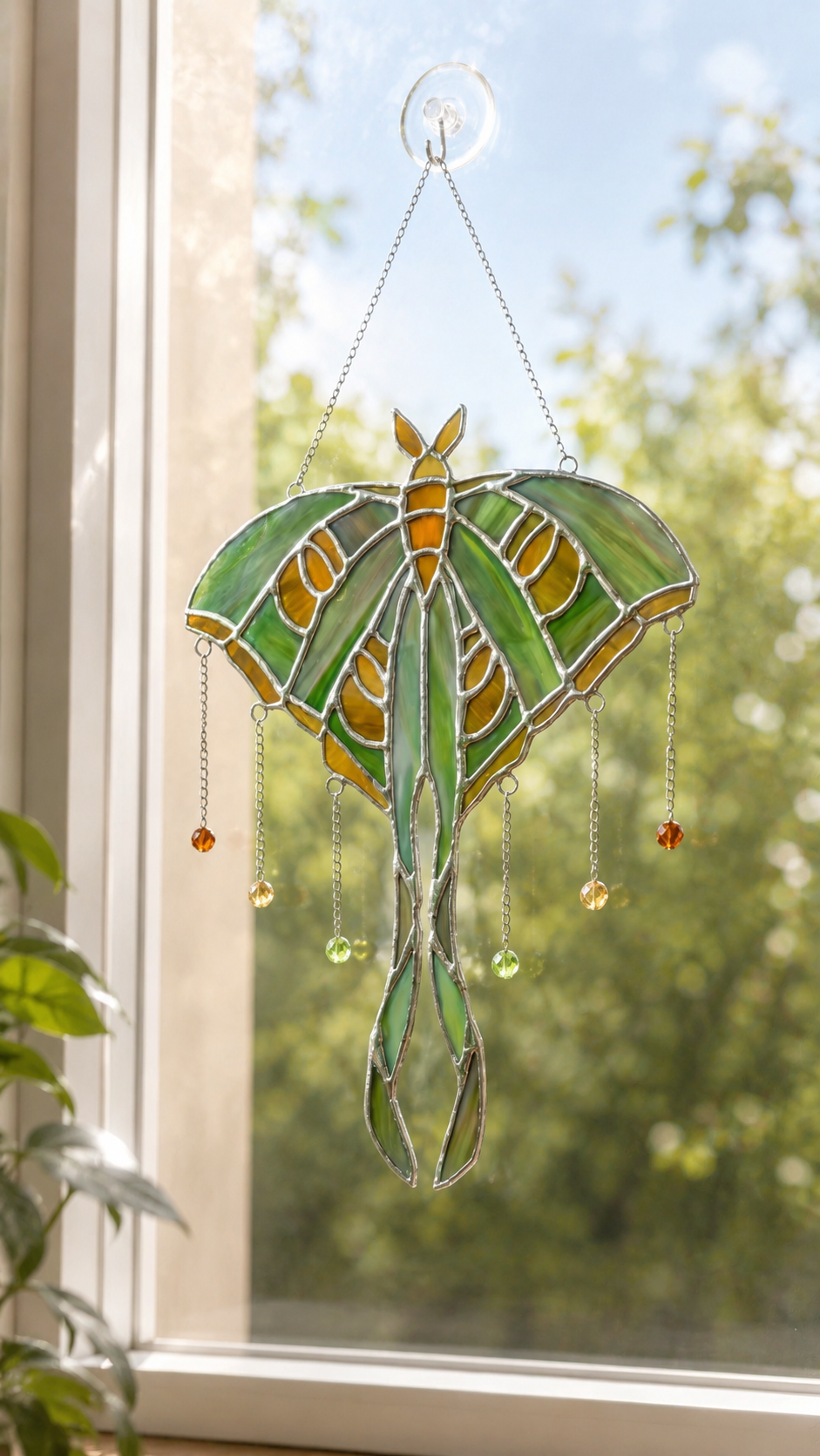 Luna Moth Stained Glass Suncatcher: Green Insect Window Hanging, Witchy Boho Wall Art Decor