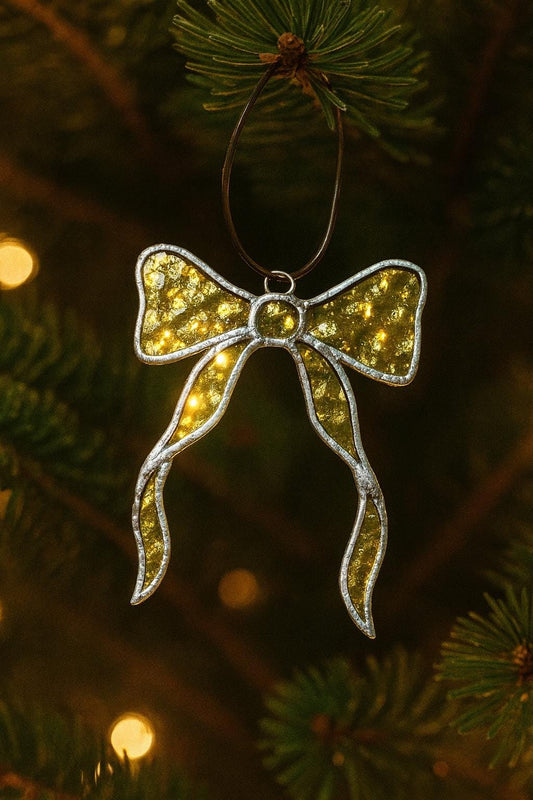 Golden Stained Glass Bow Ornament: Handmade Mirrored Ribbon Suncatcher
