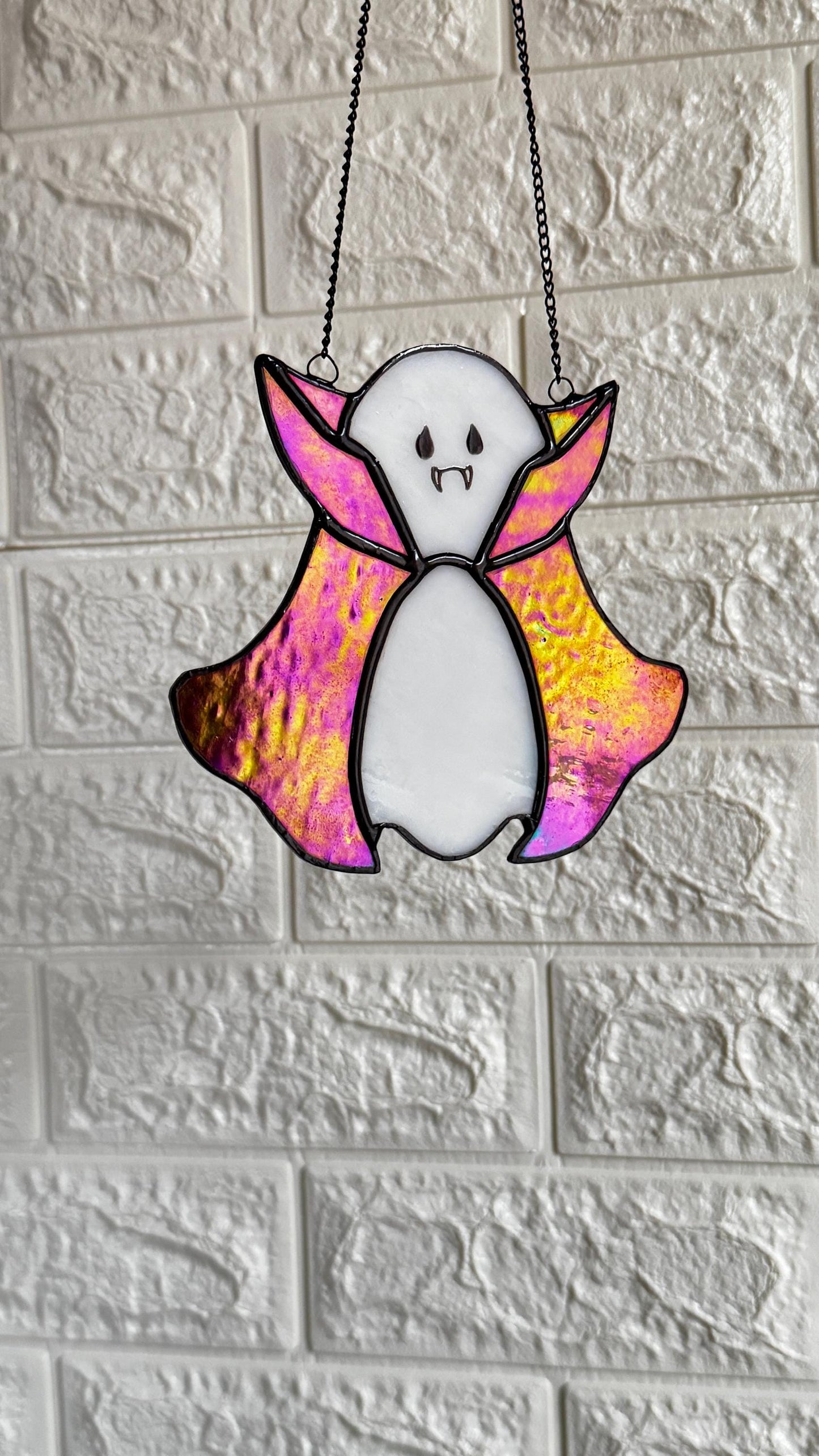 Stained Glass Ghost Suncatcher: Iridescent Cape Window Decoration