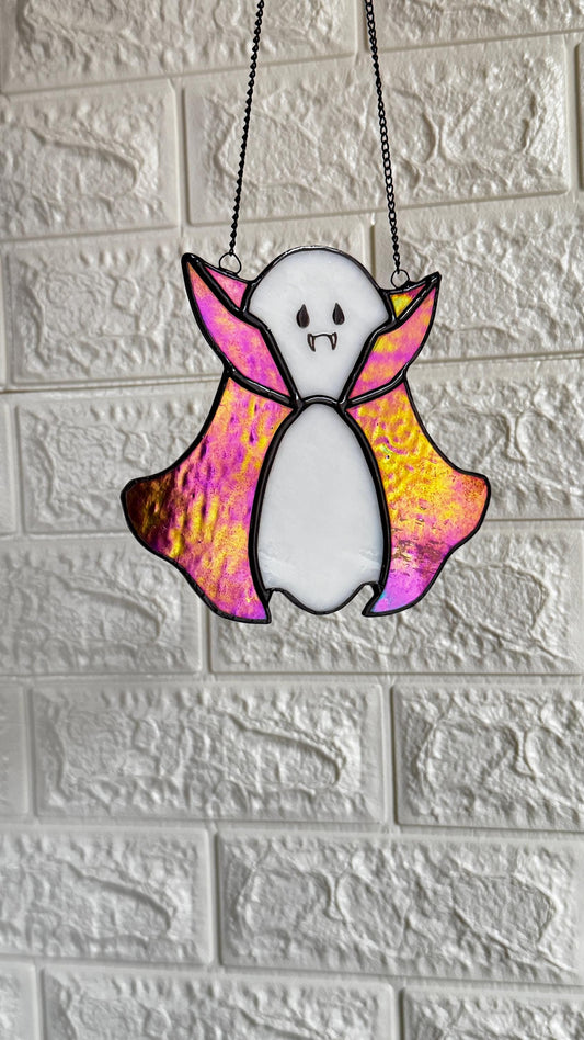 Stained Glass Ghost Suncatcher: Iridescent Cape Window Decoration