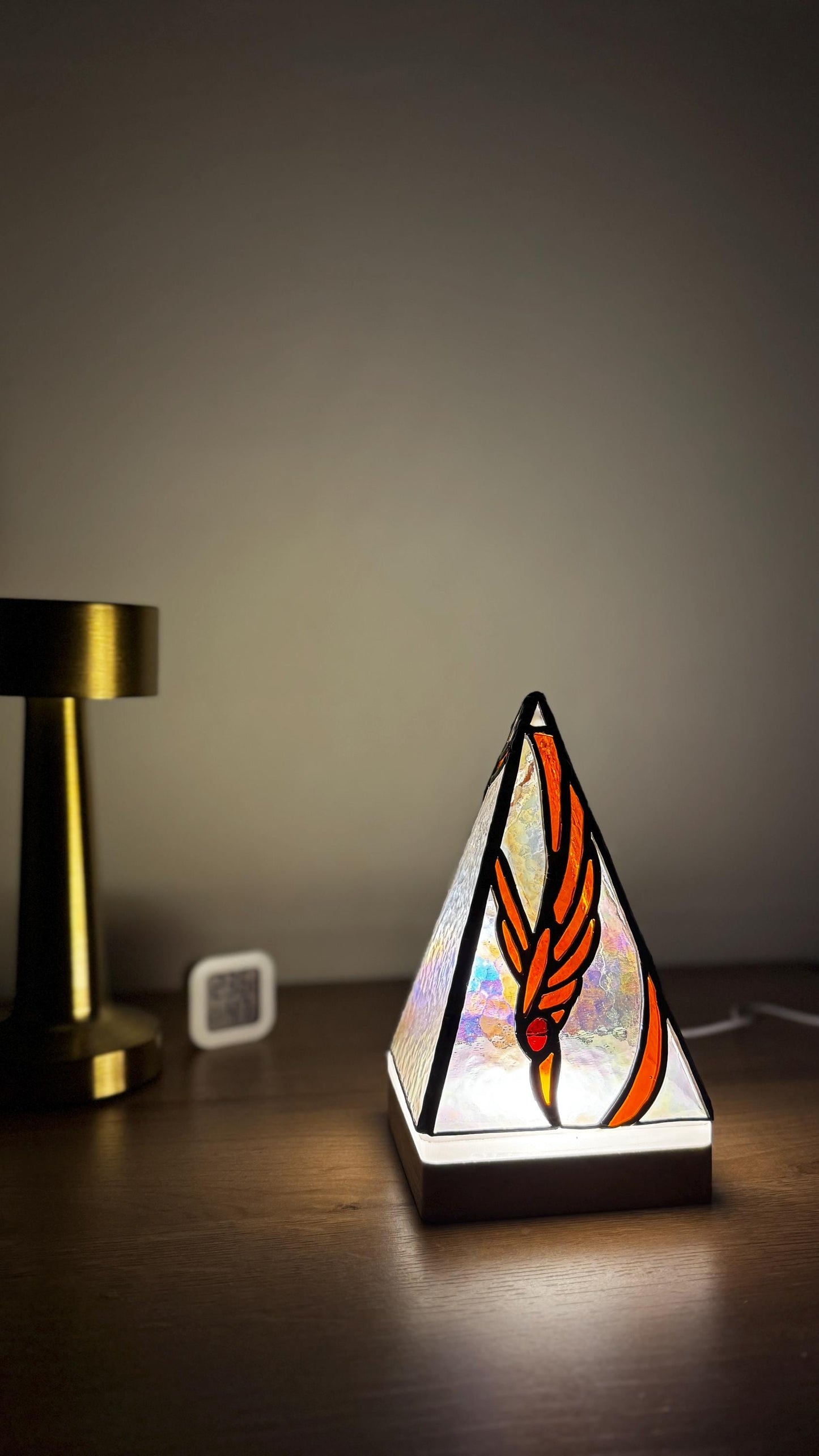 Stained Glass Pyramid Lamp: Iridescent Handmade Night Light, Tiffany Lamp Decor