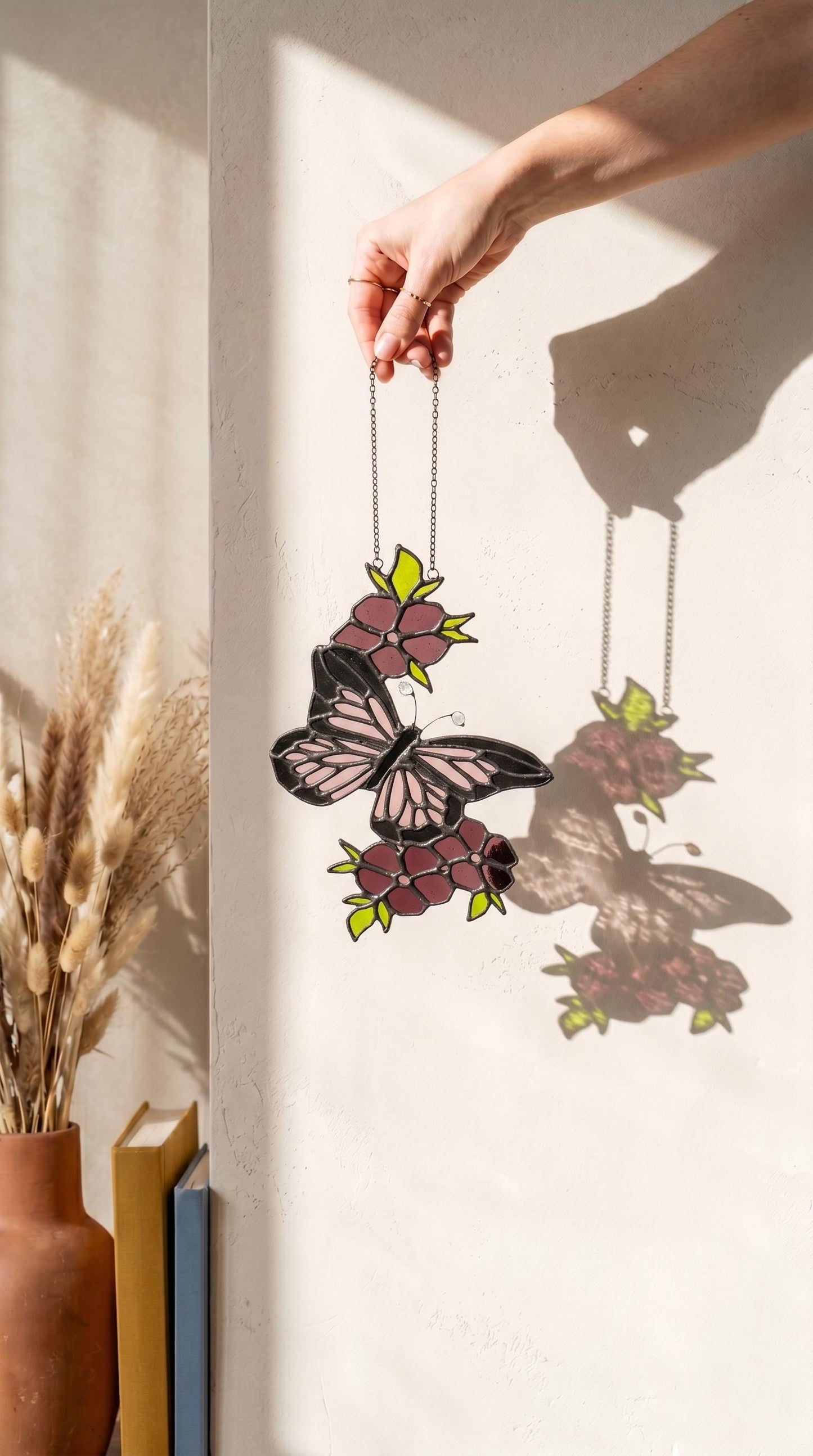 Handmade Stained Glass Butterfly Suncatcher, Pink Wings, Floral Art, Window Hanging Home Decor