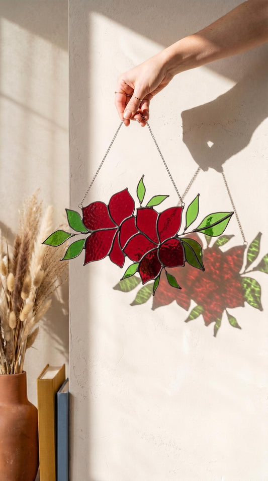 Handmade Stained Glass Red Floral Wall Hanging, Botanical Suncatcher Window Decor