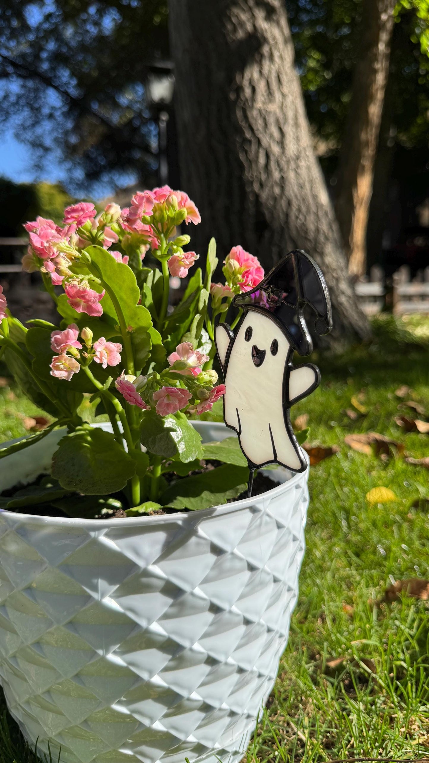Handmade Stained Glass Ghost Plant Stake - Spooky Halloween Decor