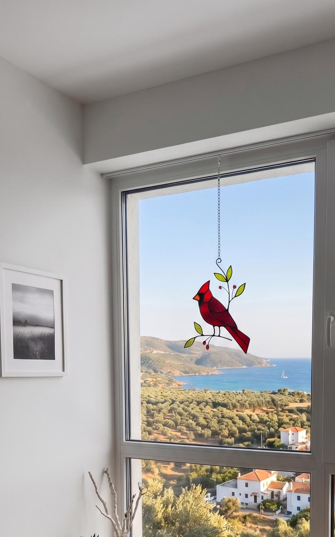 Cardinal Suncatcher: Handcrafted Stained Glass Red Bird Branch Window Art