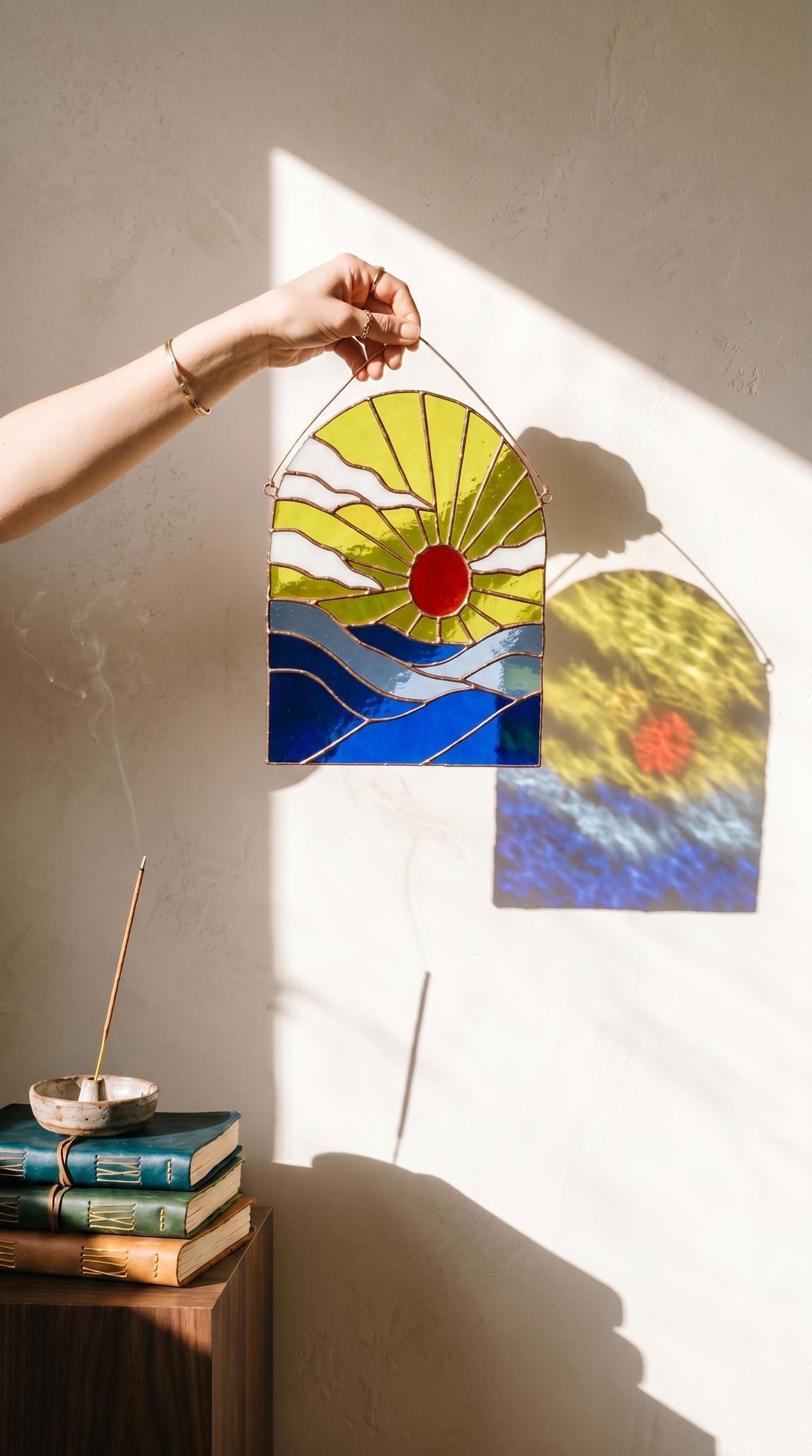 Sunset Stained Glass Panel: Ocean Landscape Suncatcher, Arch Mountain Sea Window Hanging Art