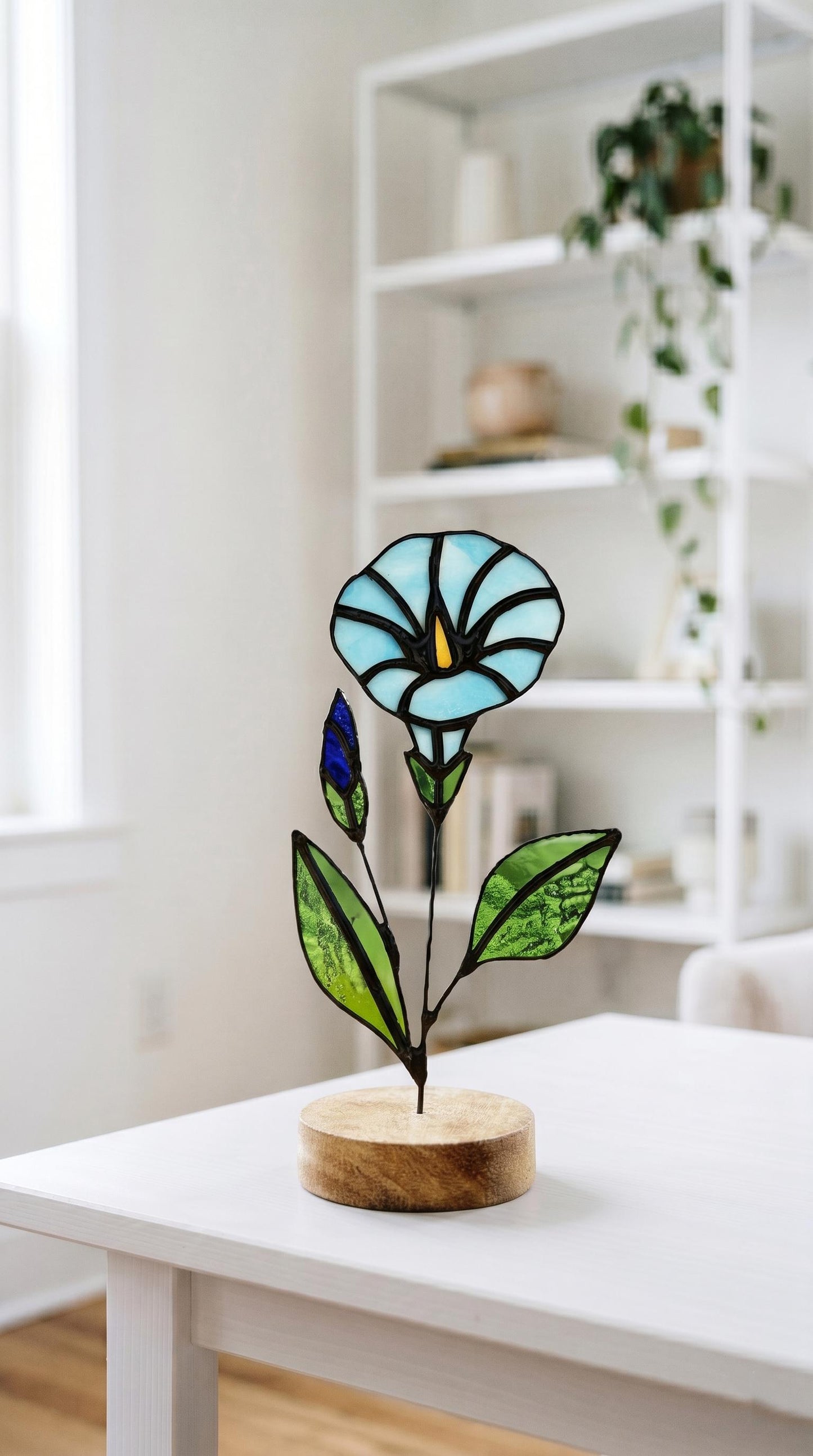Stained Glass Morning Glory Flower Stake: Handmade Floral Decor, Gift for Nature Lovers