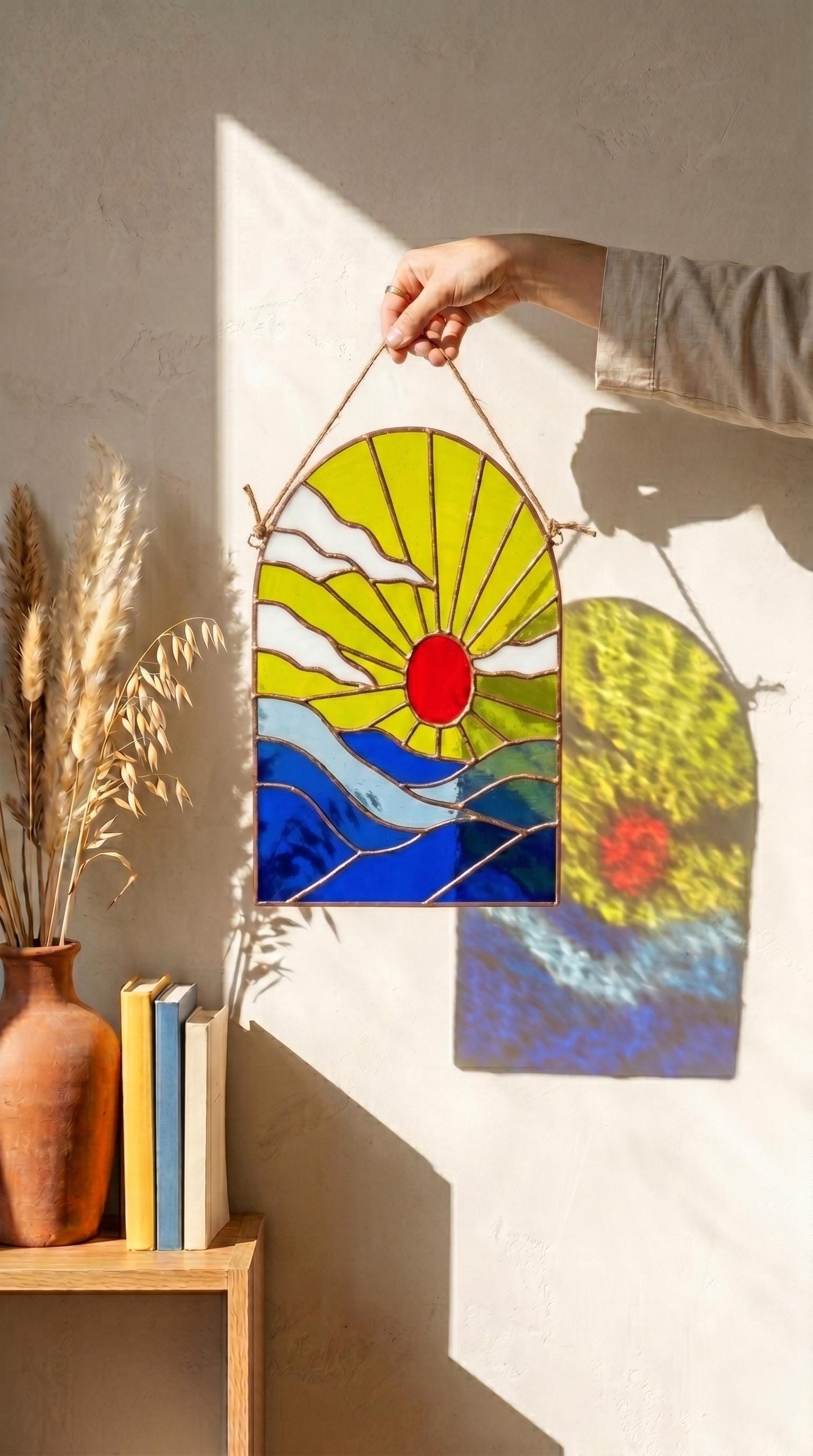 Sunset Stained Glass Panel: Ocean Landscape Suncatcher, Arch Mountain Sea Window Hanging Art