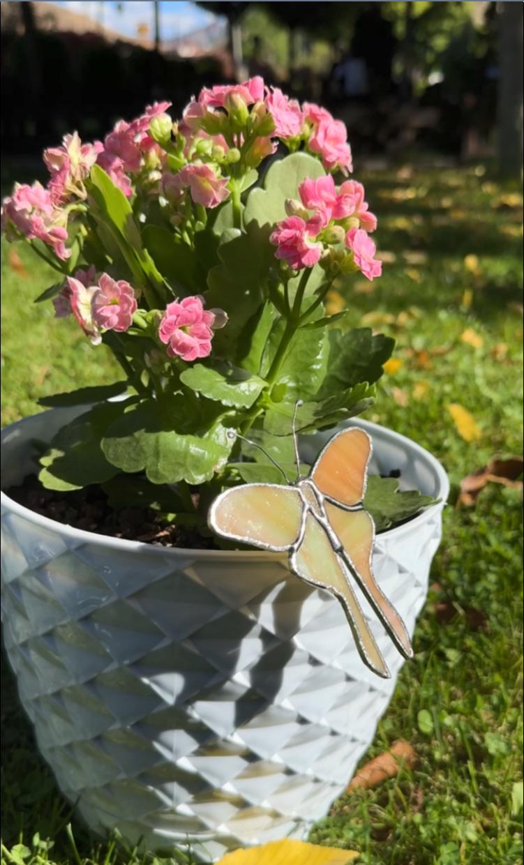 Handmade Orange Iridescent Stained Glass Butterfly Plant Stake
