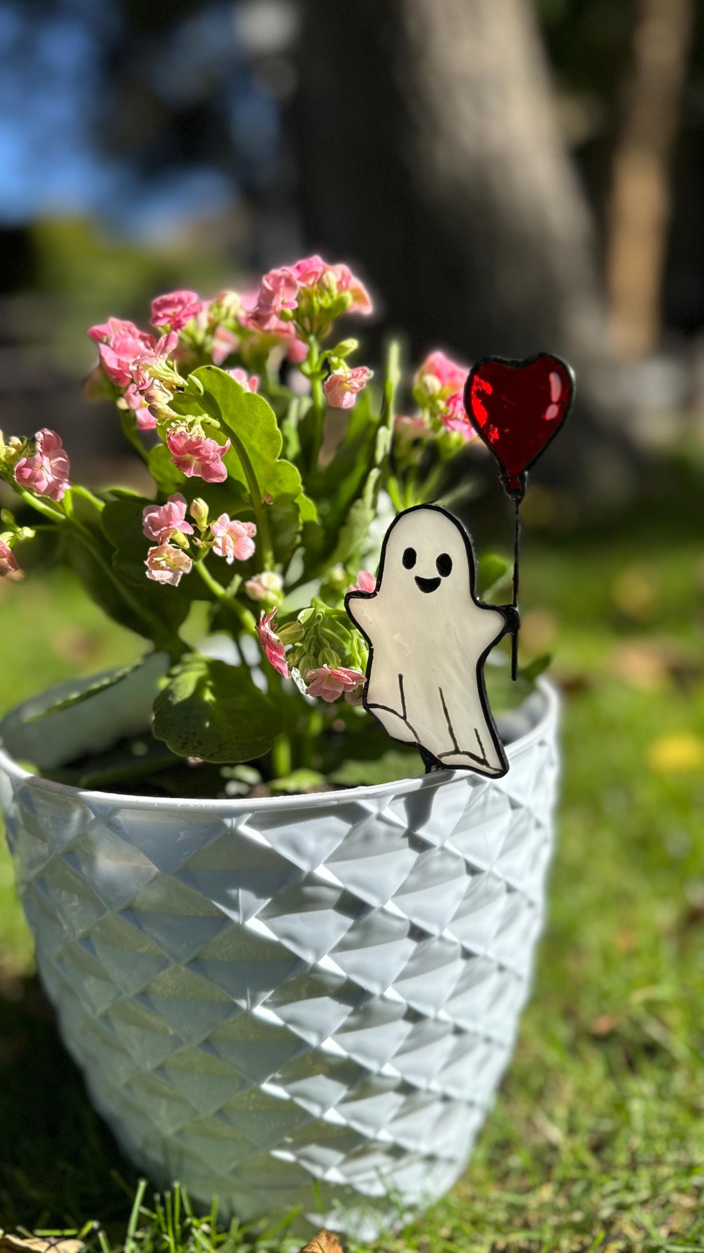 Handmade Stained Glass Ghost Plant Stake: Halloween Pot Decor