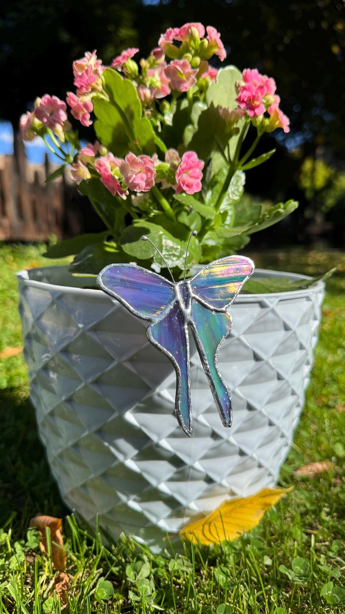 Handmade Stained Glass Butterfly Plant Stake - Iridescent Transparent Decor