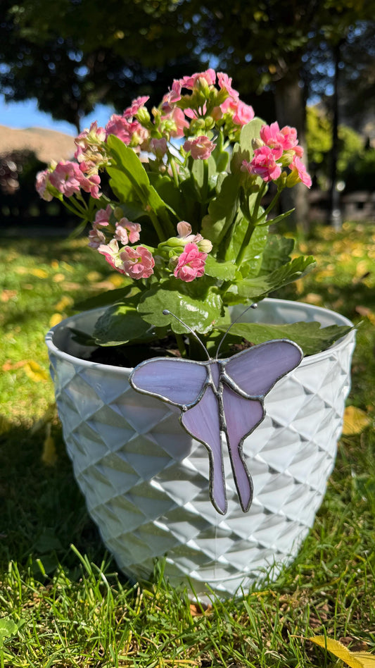 Handmade Purple Stained Glass Butterfly Plant Stake