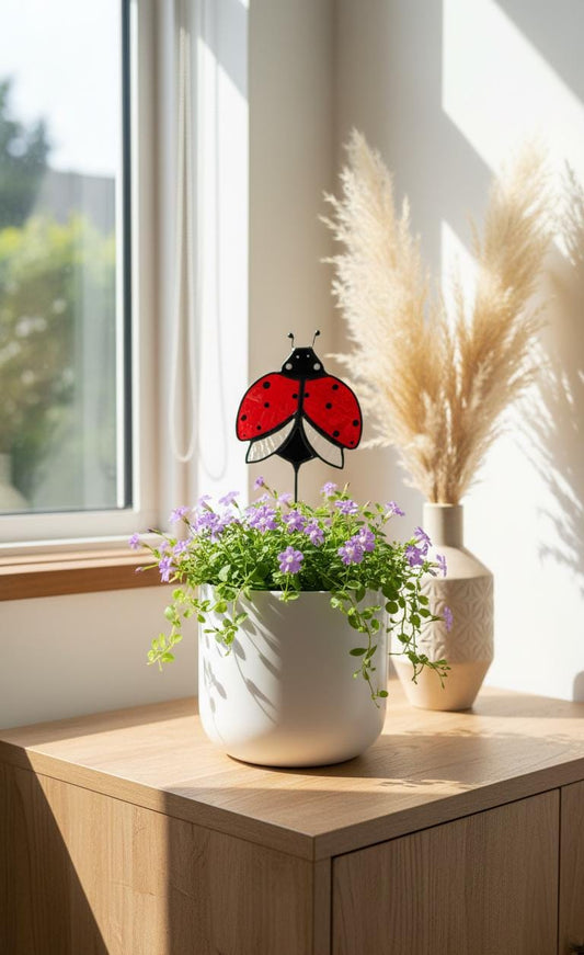 Stained Glass Ladybug Plant Stake – Handmade Garden Decor & Plant Buddy