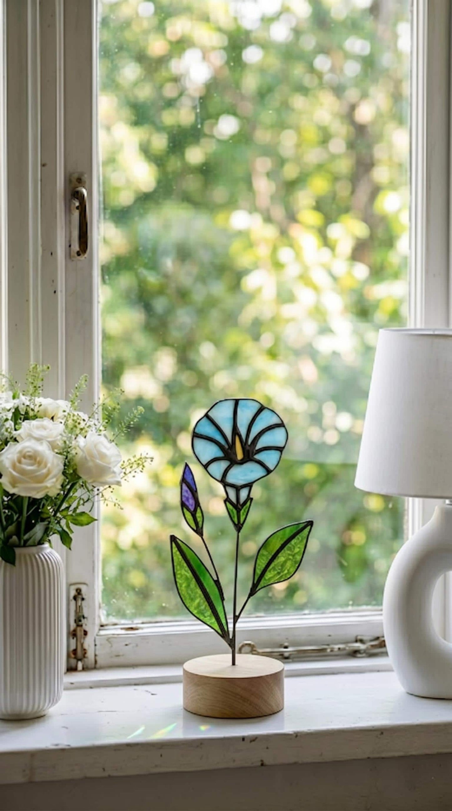 Stained Glass Morning Glory Flower Stake: Handmade Floral Decor, Gift for Nature Lovers