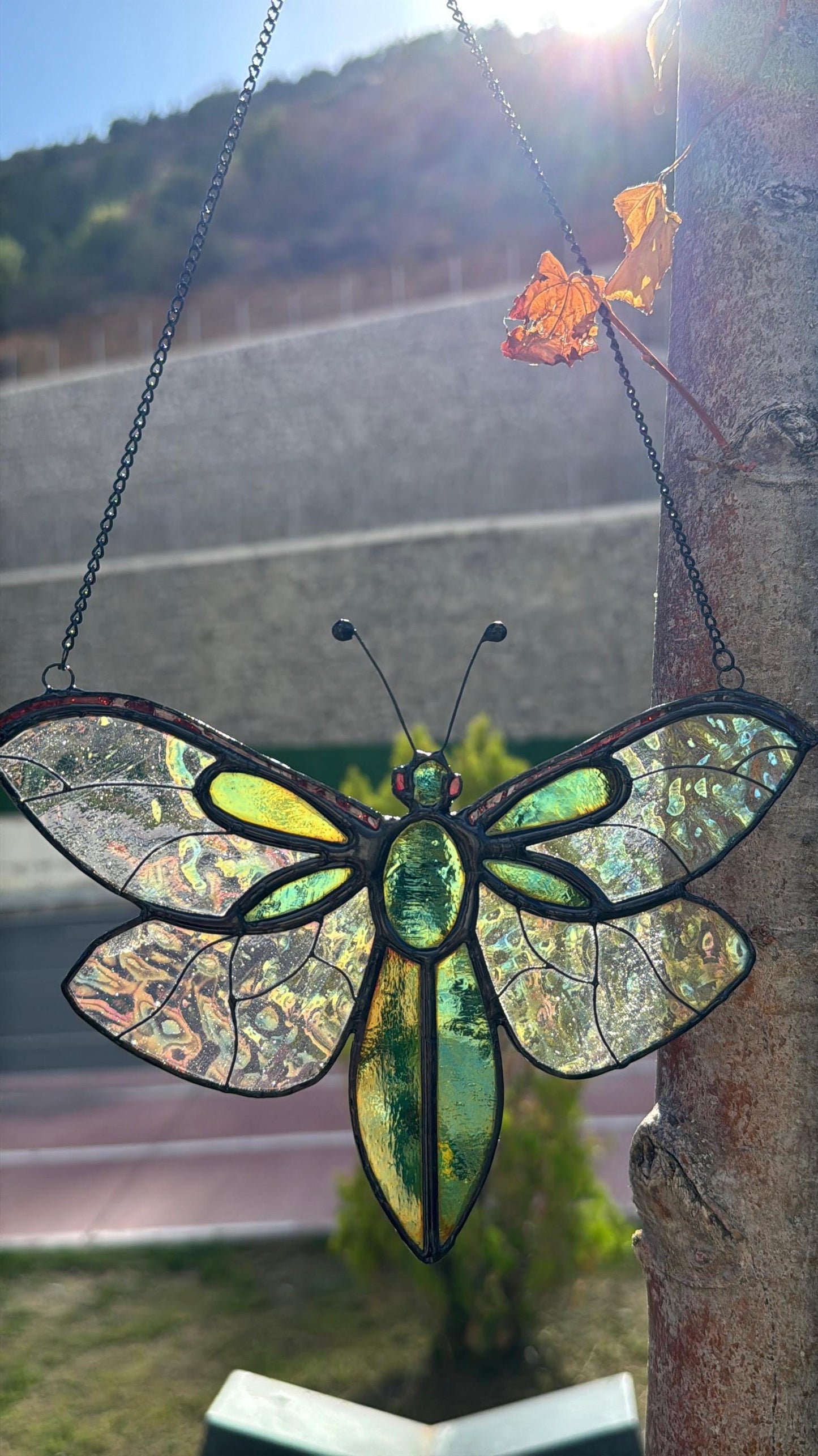 Stained Glass Fly Suncatcher: Handmade Iridescent Green Insect Window Decor