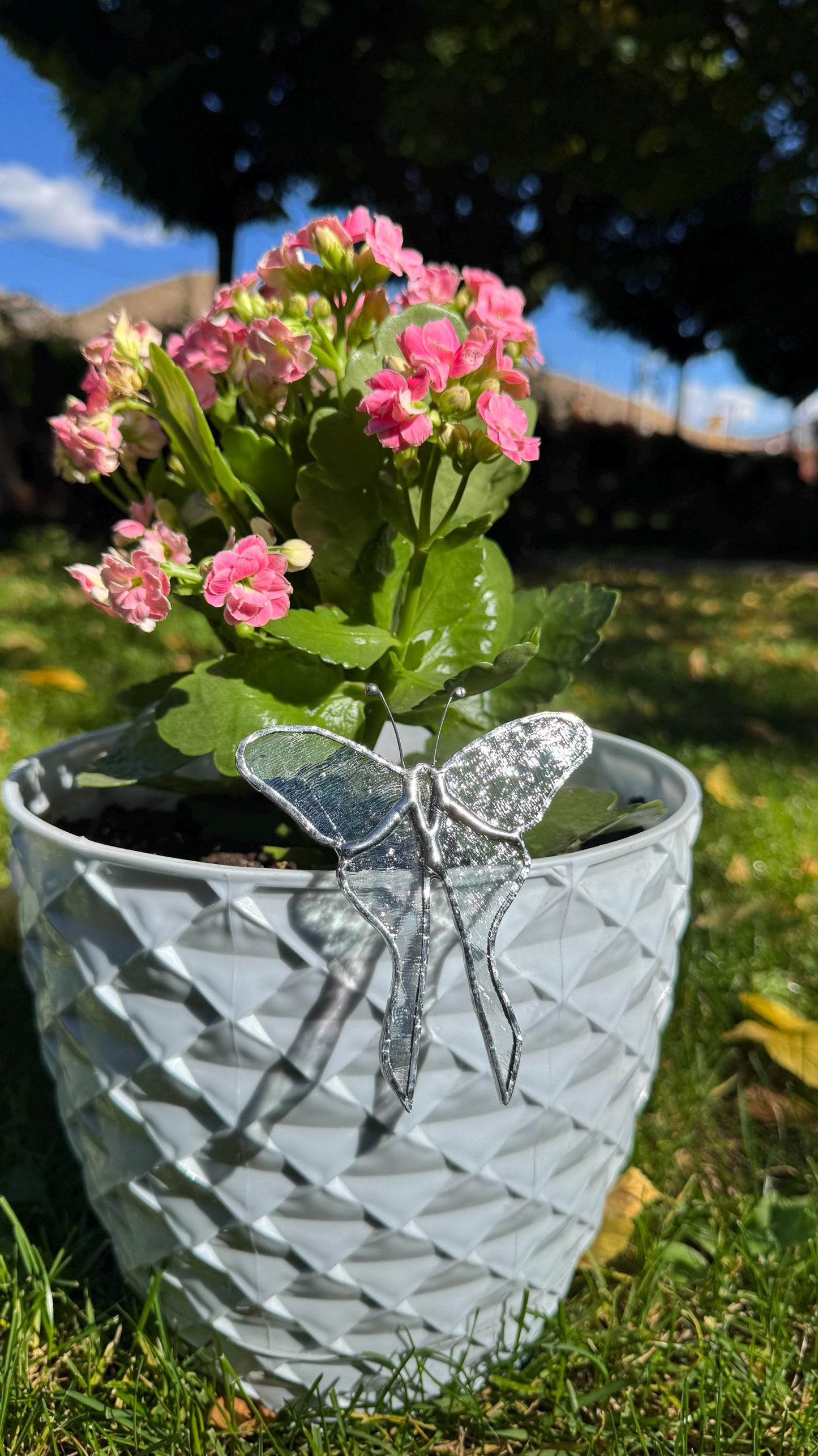 Handmade Iridescent Stained Glass Butterfly Plant Stake