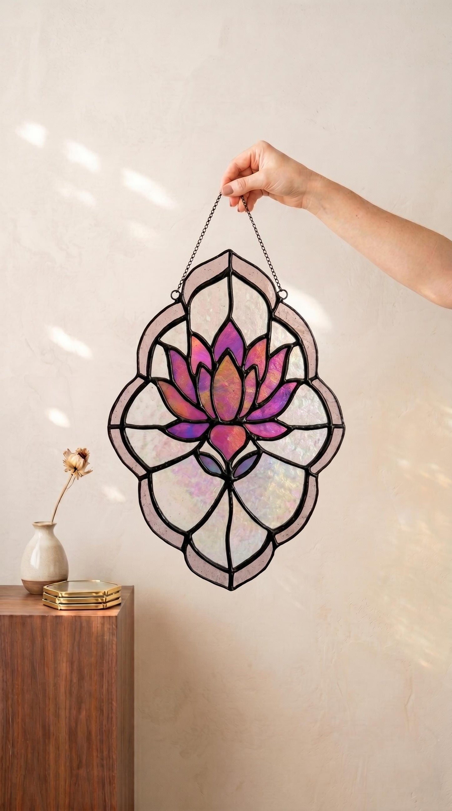 Stained Glass Lotus Panel Pink and Purple Iridescent Flower Suncatcher, Handmade Window Hanging
