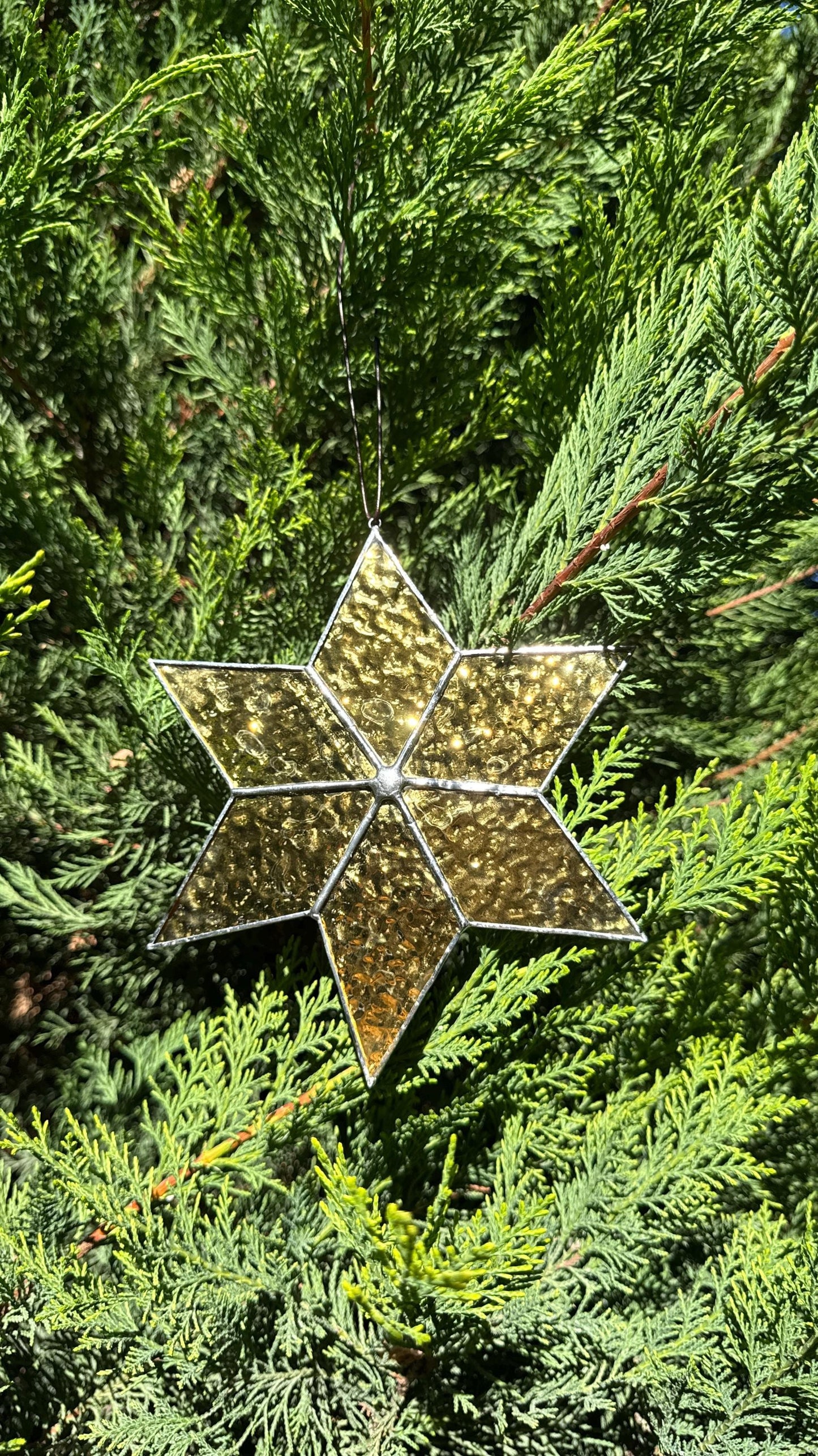 Stained Glass Sirius Star Suncatcher Handmade Golden Iridescent Glass, Home Decor Window Gift