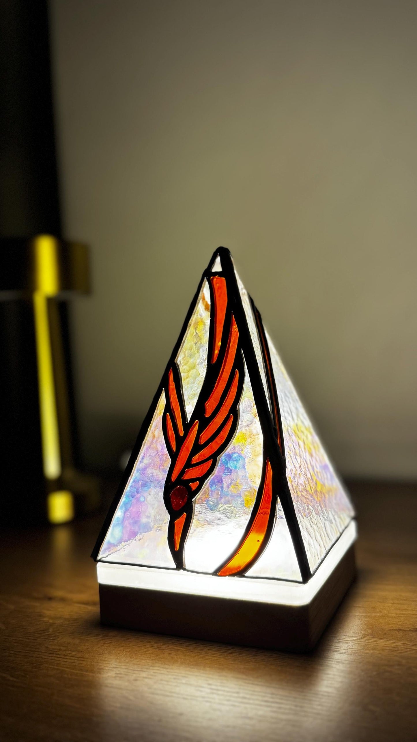 Stained Glass Pyramid Lamp: Iridescent Handmade Night Light, Tiffany Lamp Decor