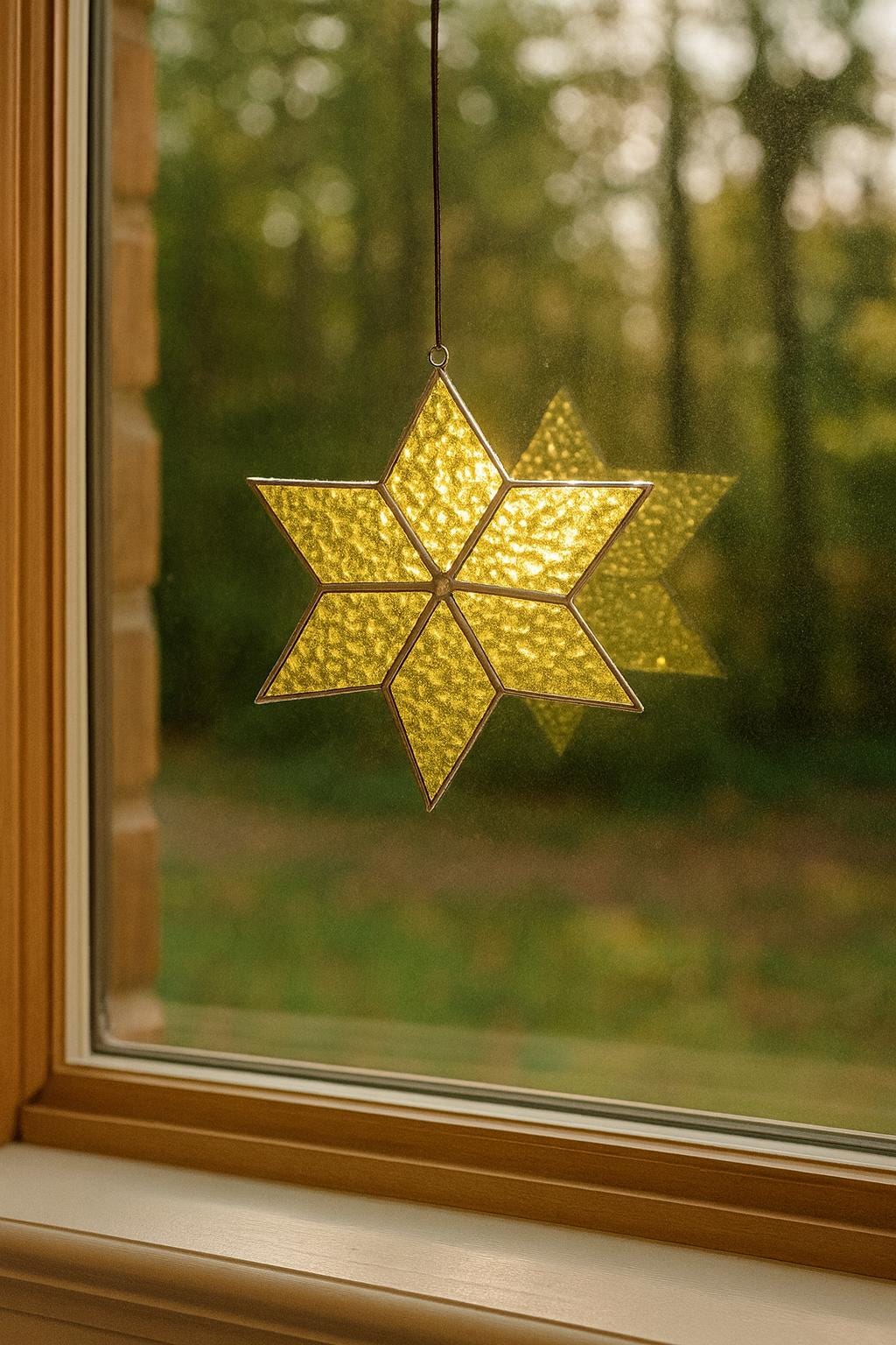 Stained Glass Sirius Star Suncatcher Handmade Golden Iridescent Glass, Home Decor Window Gift