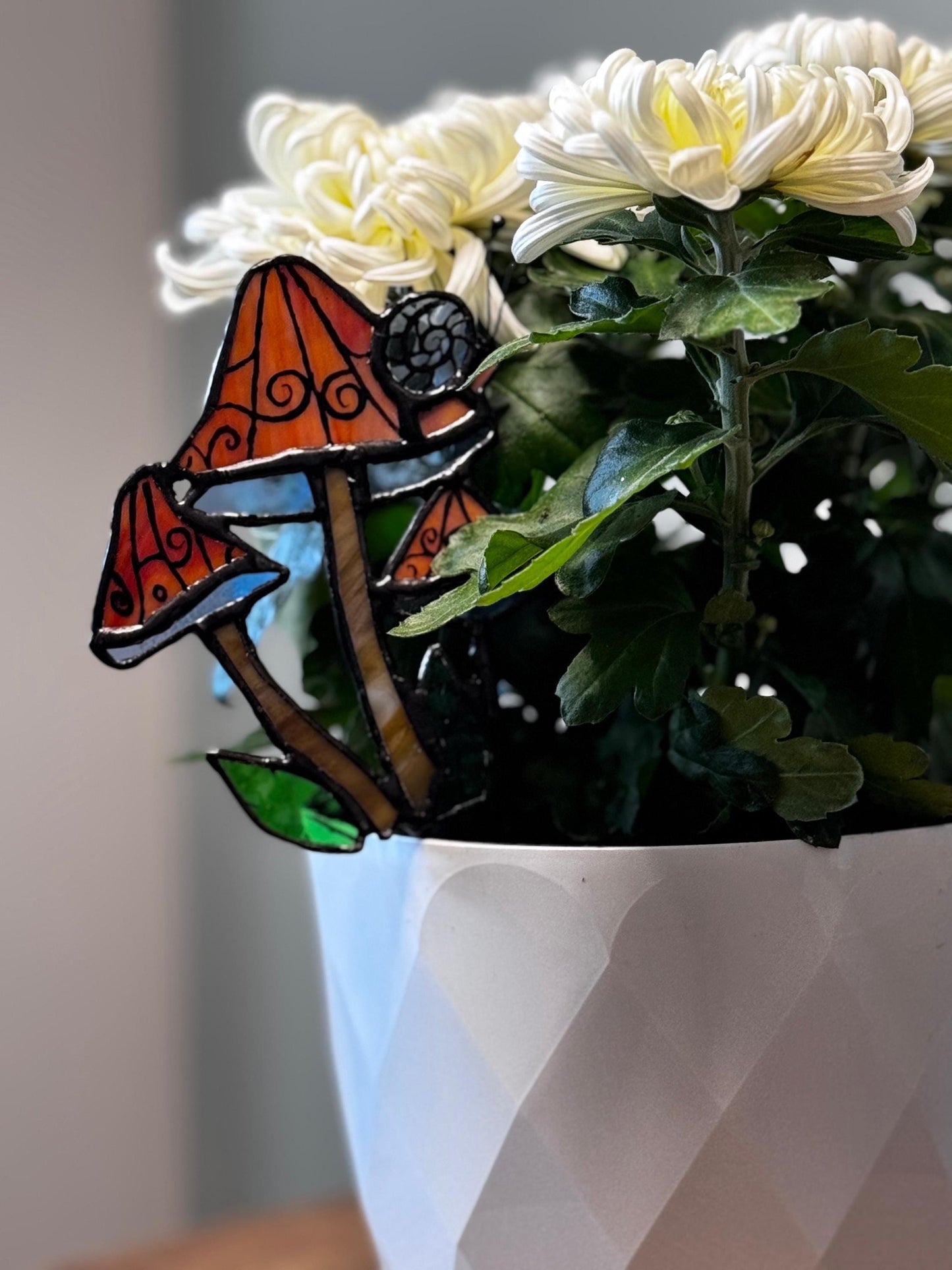 Stained Glass Plant Stake – Mushroom & Snail Garden Decor