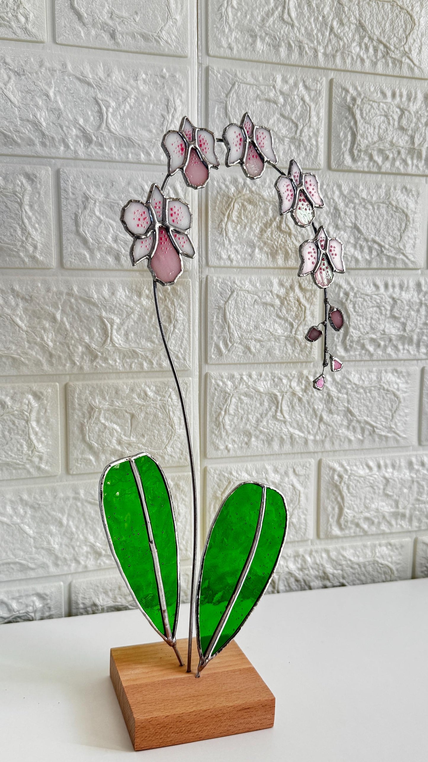 Stained Glass Orchid Suncatcher with stand: Handcrafted Floral Table Decor Flower Gift for Her