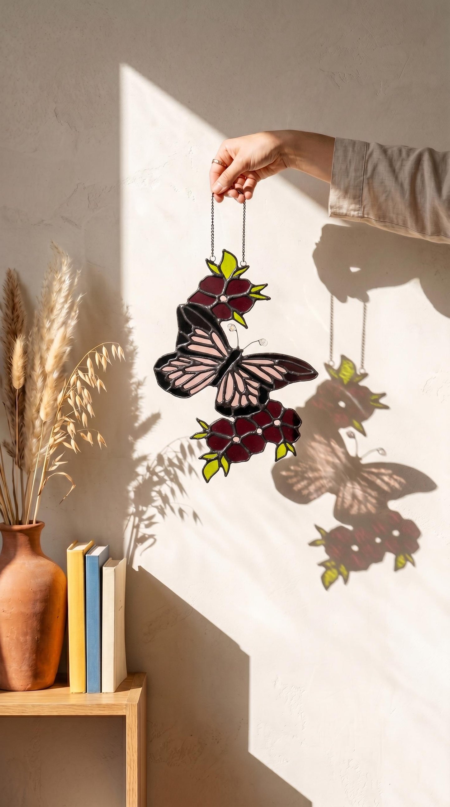 Handmade Stained Glass Butterfly Suncatcher, Pink Wings, Floral Art, Window Hanging Home Decor