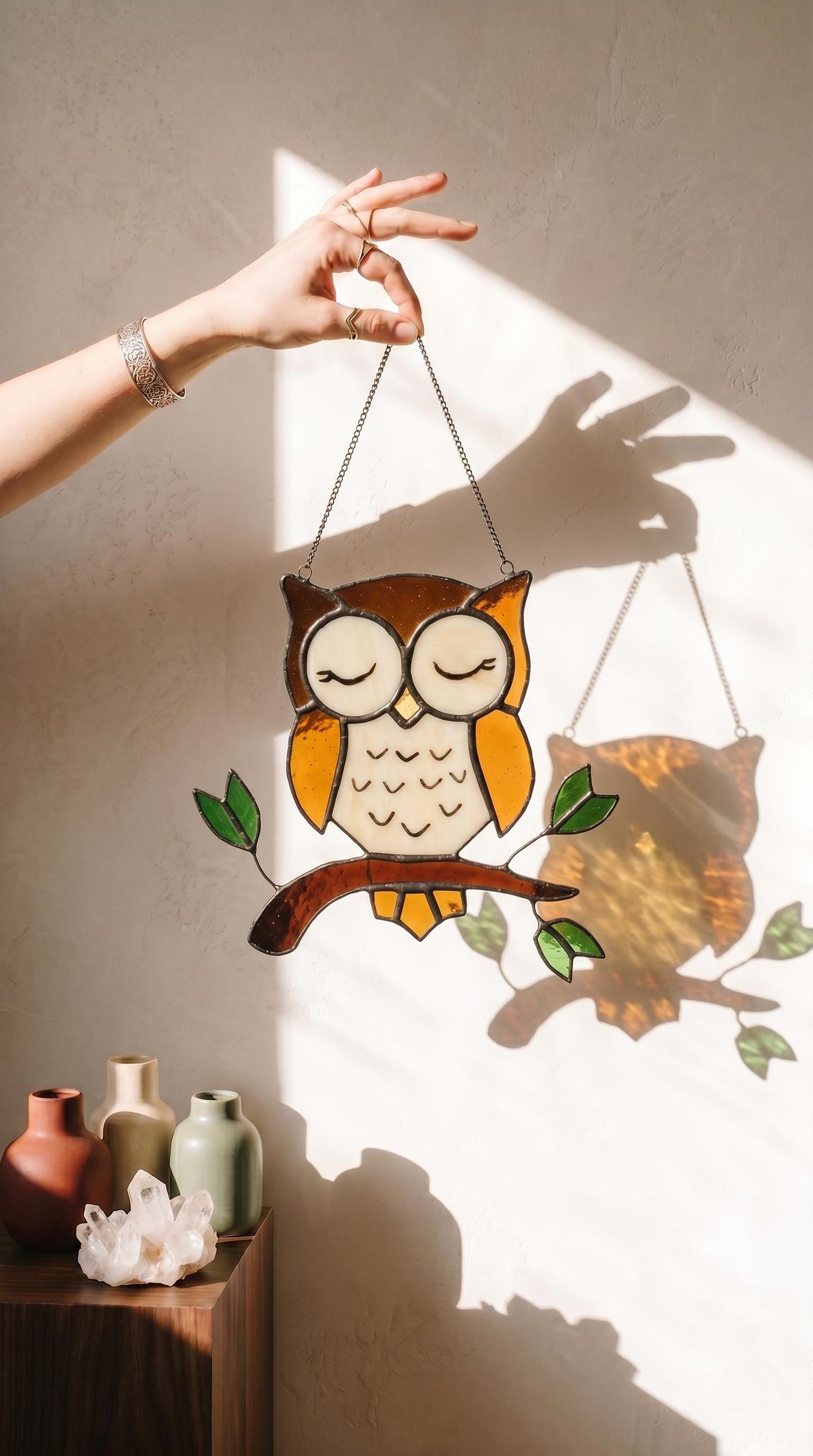 Stained Glass Owl Suncatcher: Handmade Window Hanging Home Decor, Christmas Gift