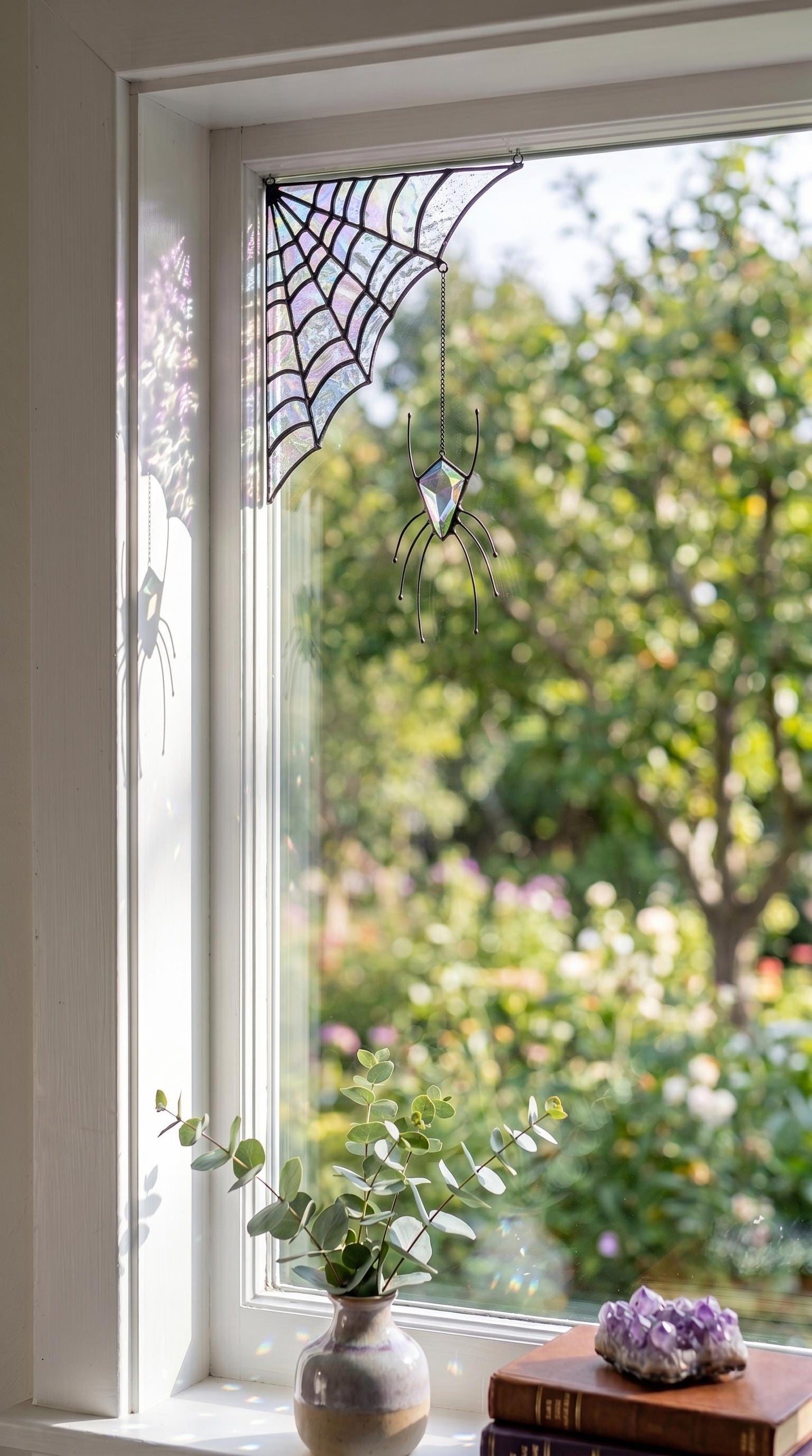 Spider Web Stained Glass Suncatcher: Corner Window Hanging, Gothic Halloween Spider Prism Art