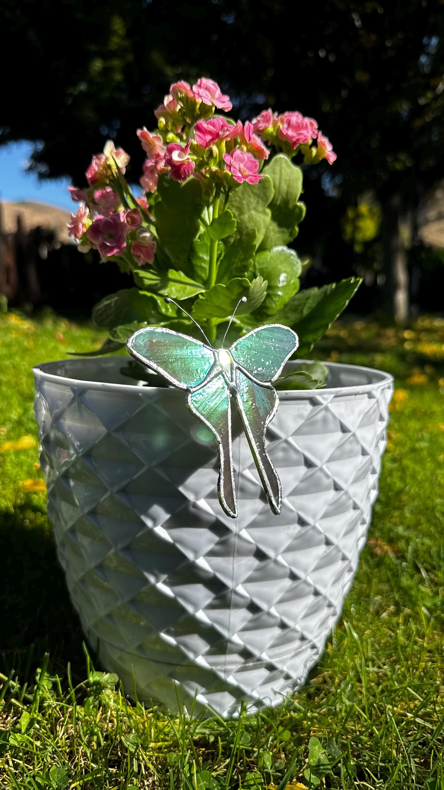Handmade Iridescent Stained Glass Butterfly Plant Stake