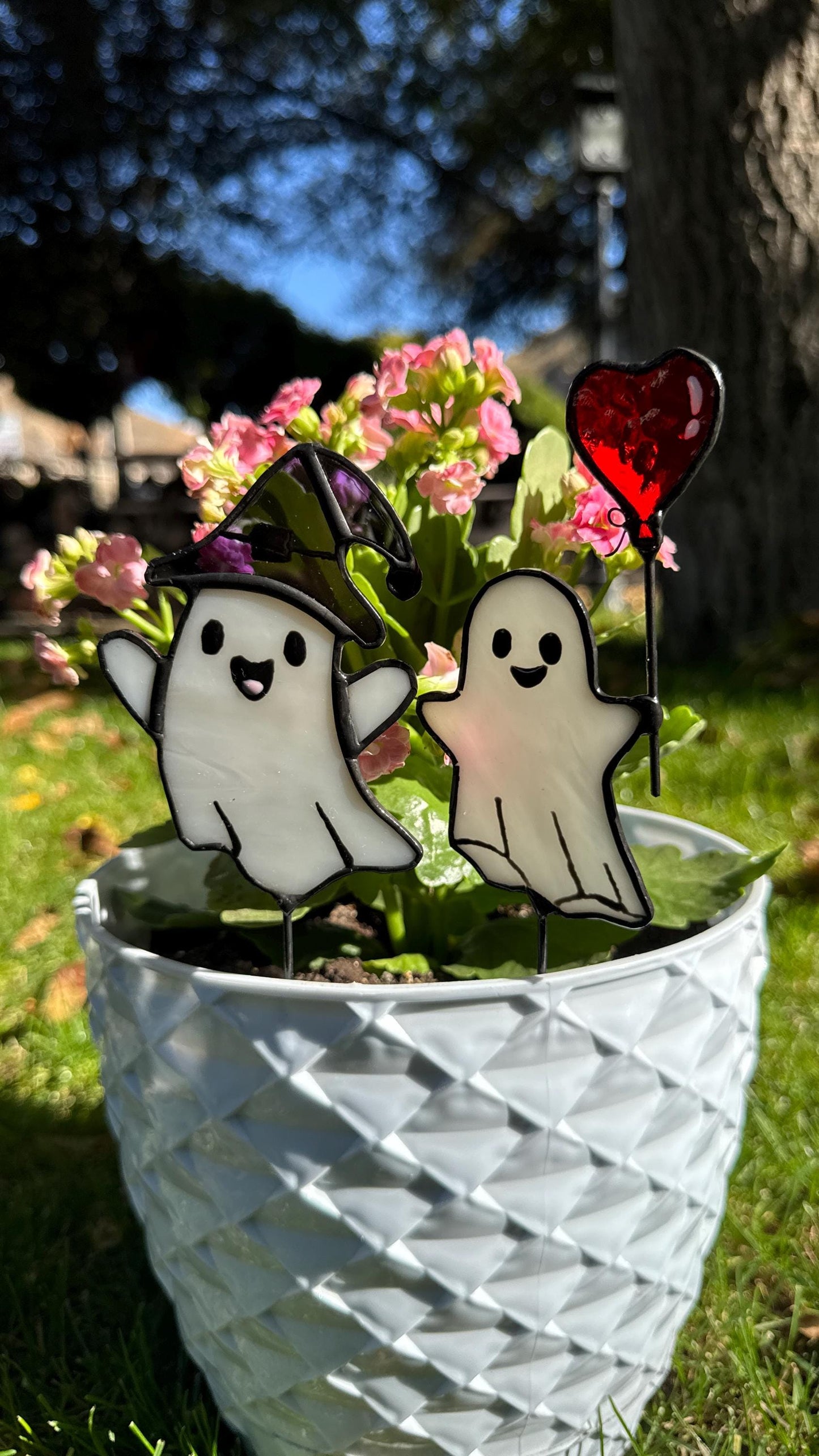 Handmade Stained Glass Ghost Plant Stake - Spooky Halloween Decor