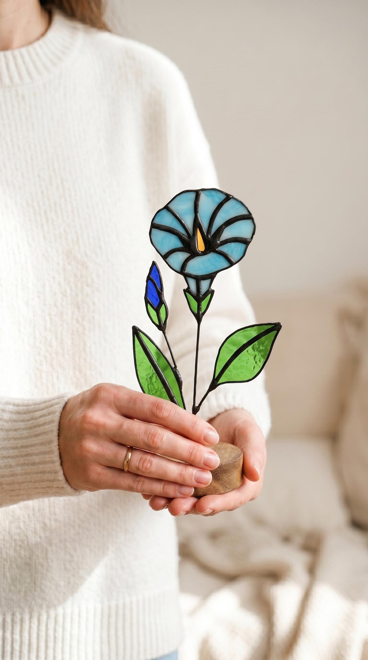 Stained Glass Morning Glory Flower Stake: Handmade Floral Decor, Gift for Nature Lovers