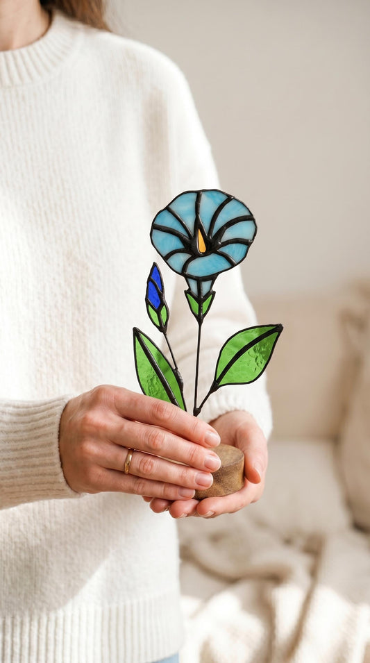 Stained Glass Morning Glory Flower Stake: Handmade Floral Decor, Gift for Nature Lovers