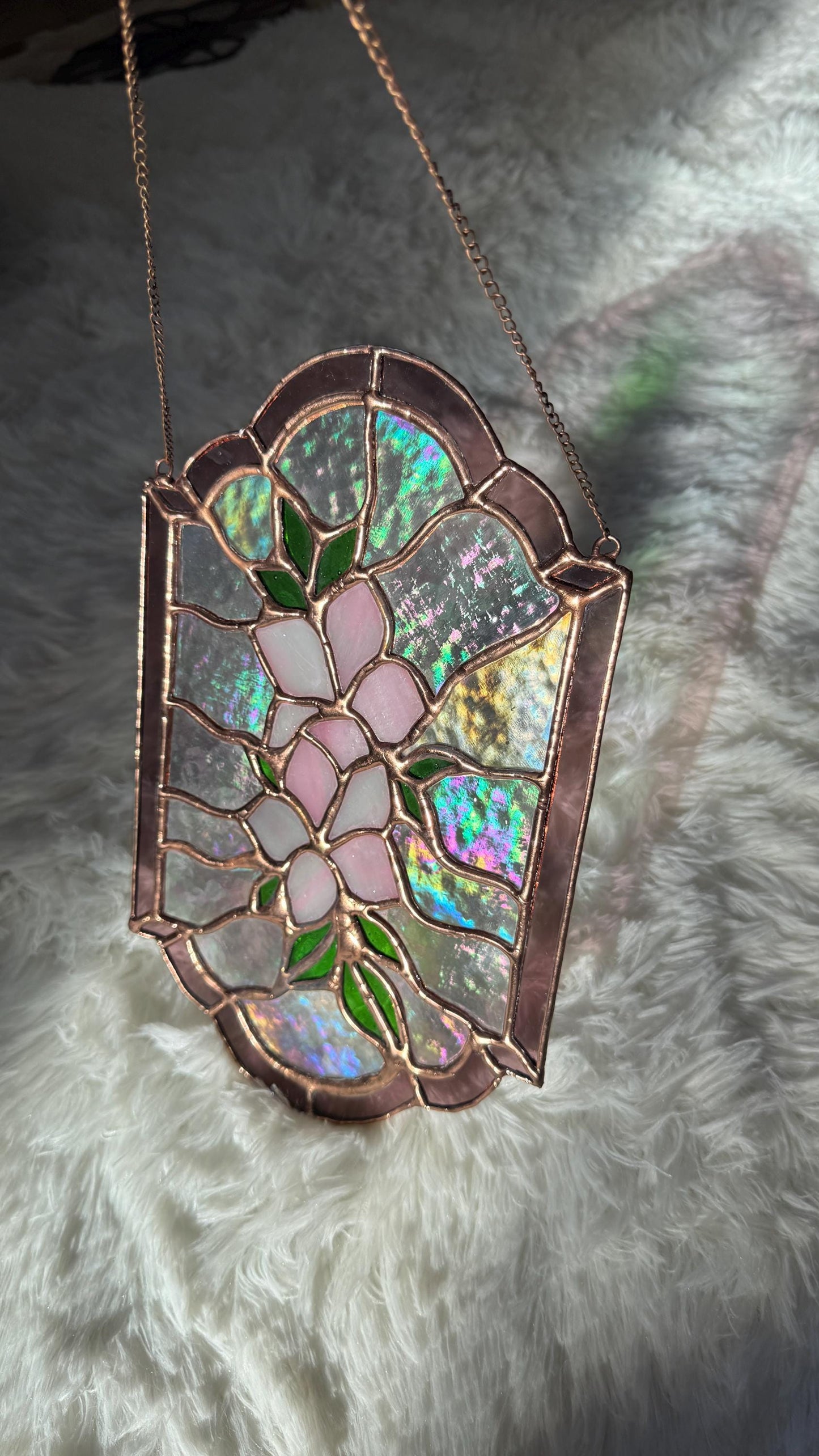 Handmade Stained Glass Floral Panel, Pink Flowers, Iridescent Arch Suncatcher, Botanical Glass Art