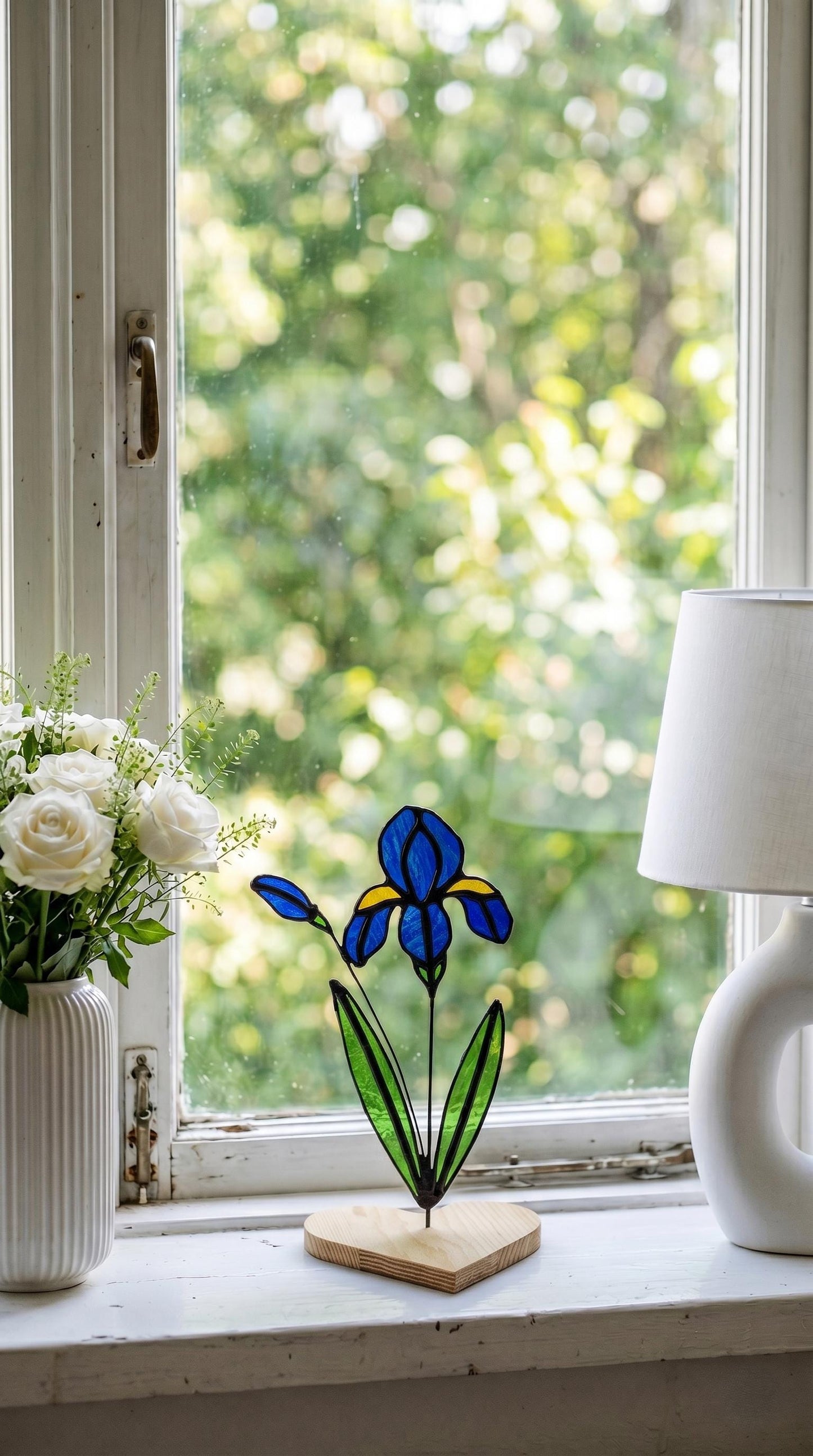 Stained Glass Flowers Iris: Handmade Blue Floral, Home Decor