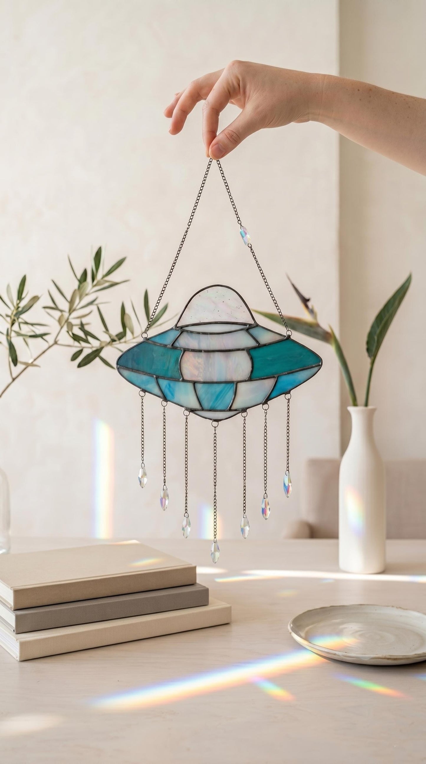 UFO Stained Glass Suncatcher: Alien Spaceship Window Hanging, Crystals Science Fiction Decor