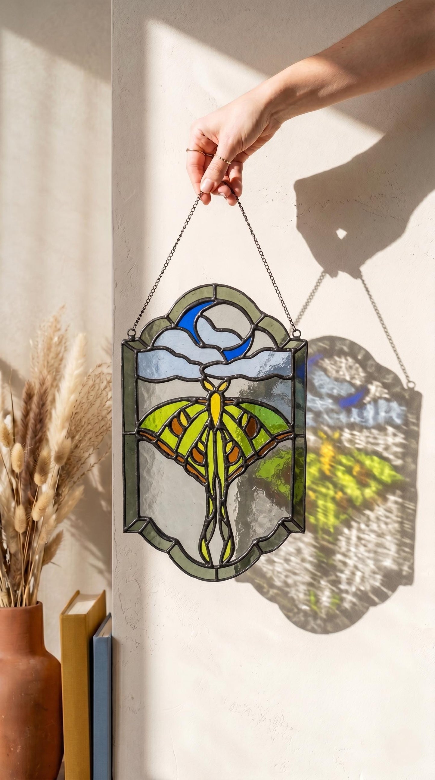 Luna Moth Stained Glass Panel: Celestial Moon Suncatcher, Witchy Window Hanging Art