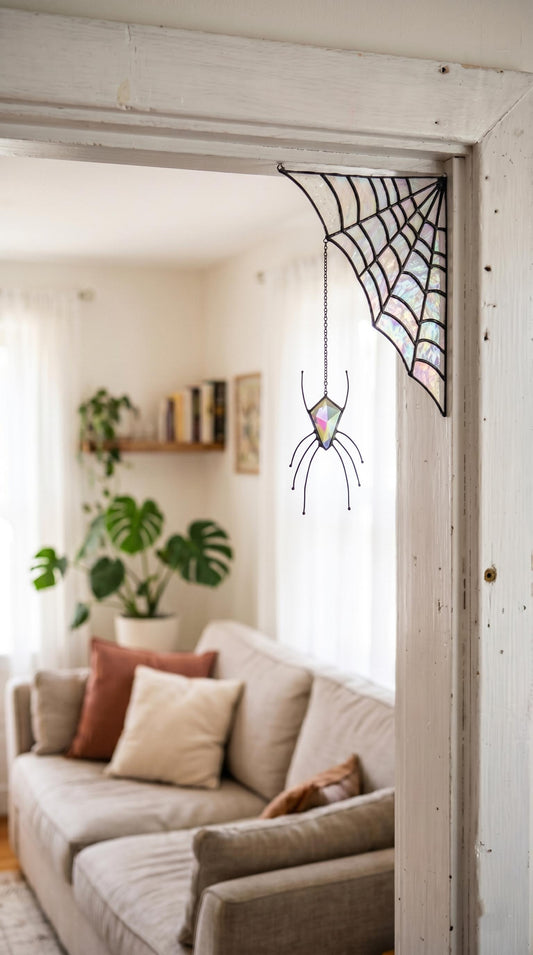 Spider Web Stained Glass Suncatcher: Corner Window Hanging, Gothic Halloween Spider Prism Art