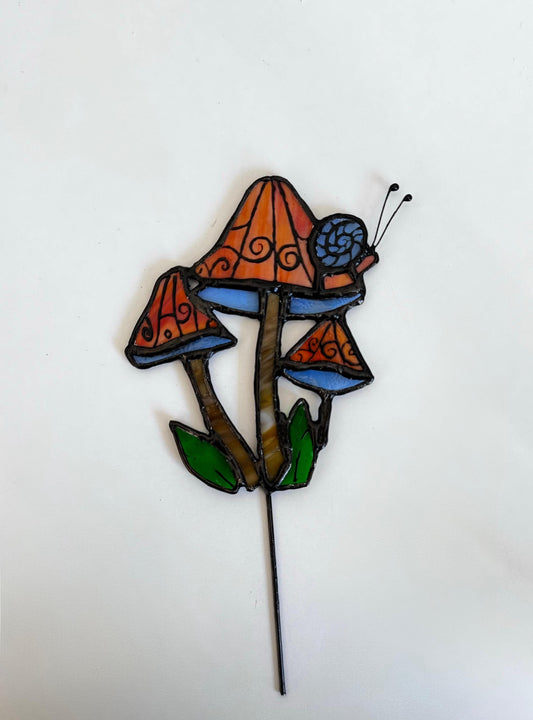 Stained Glass Plant Stake – Mushroom & Snail Garden Decor