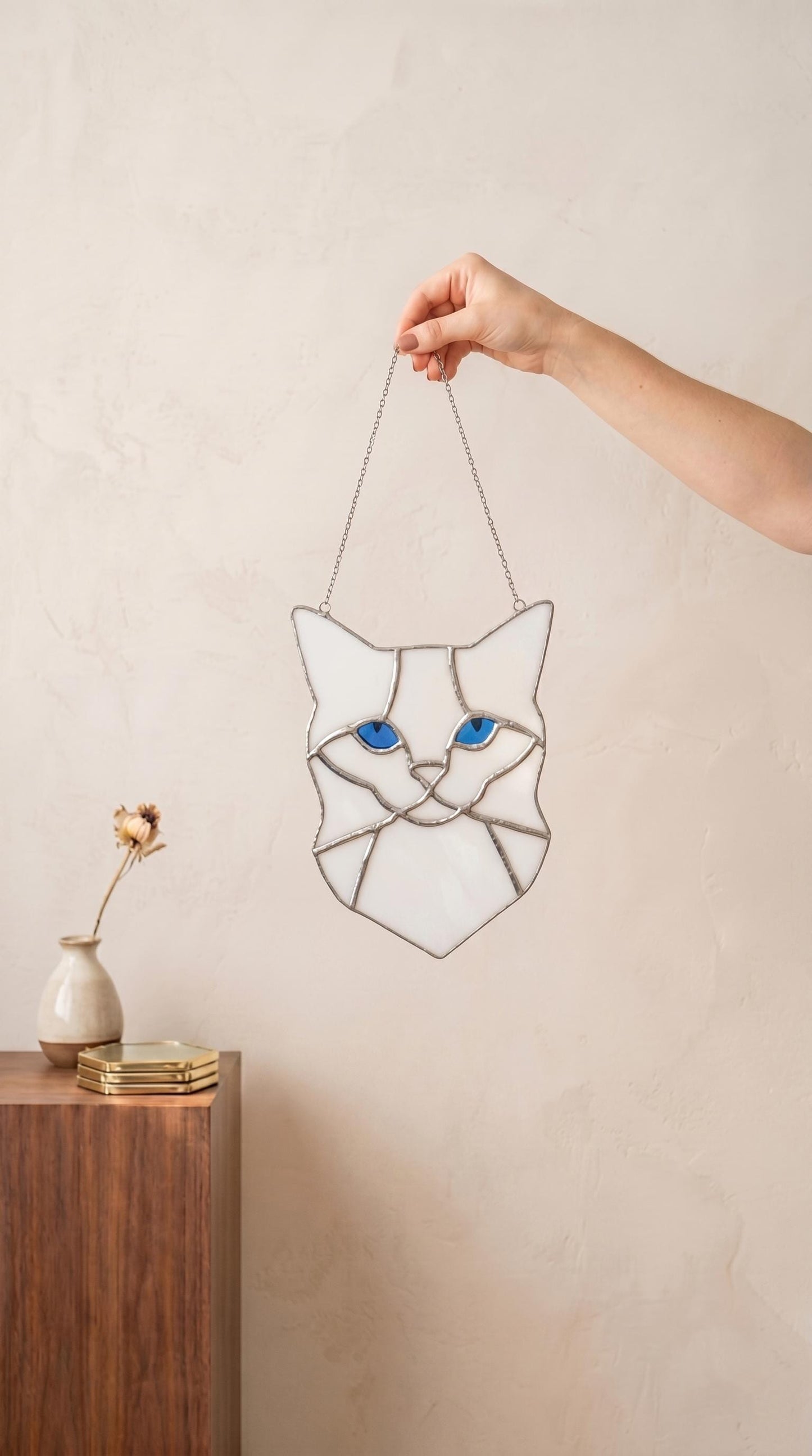White Stained Glass Cat Suncatcher Blue Eyes Handmade Window Hanging, Gift for Cat Lovers