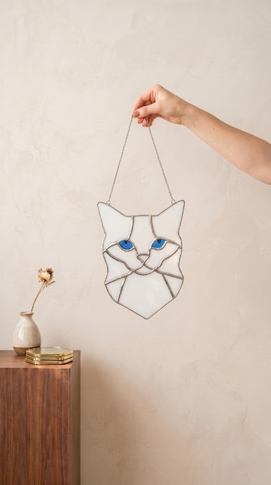 White Stained Glass Cat Suncatcher Blue Eyes Handmade Window Hanging, Gift for Cat Lovers