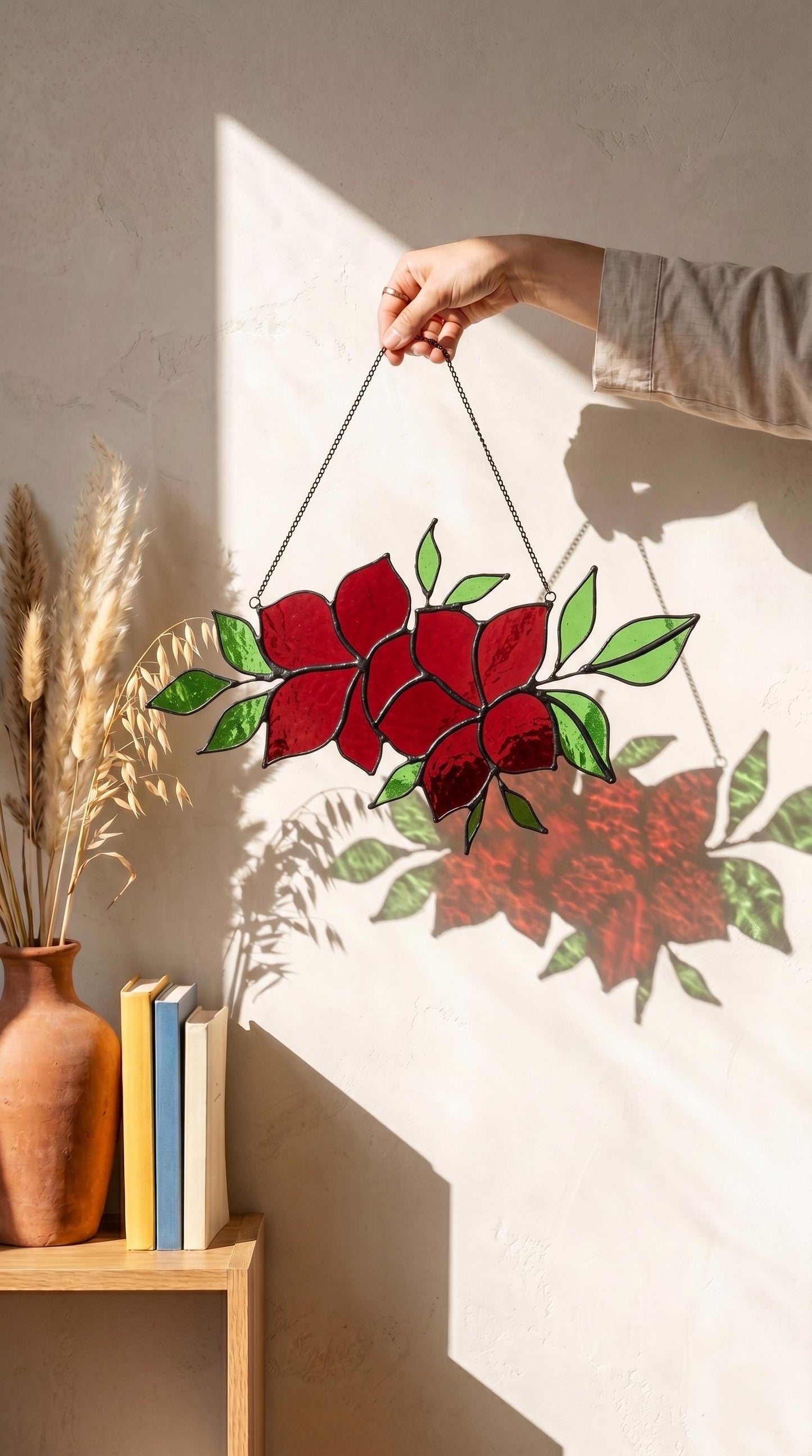 Handmade Stained Glass Red Floral Wall Hanging, Botanical Suncatcher Window Decor