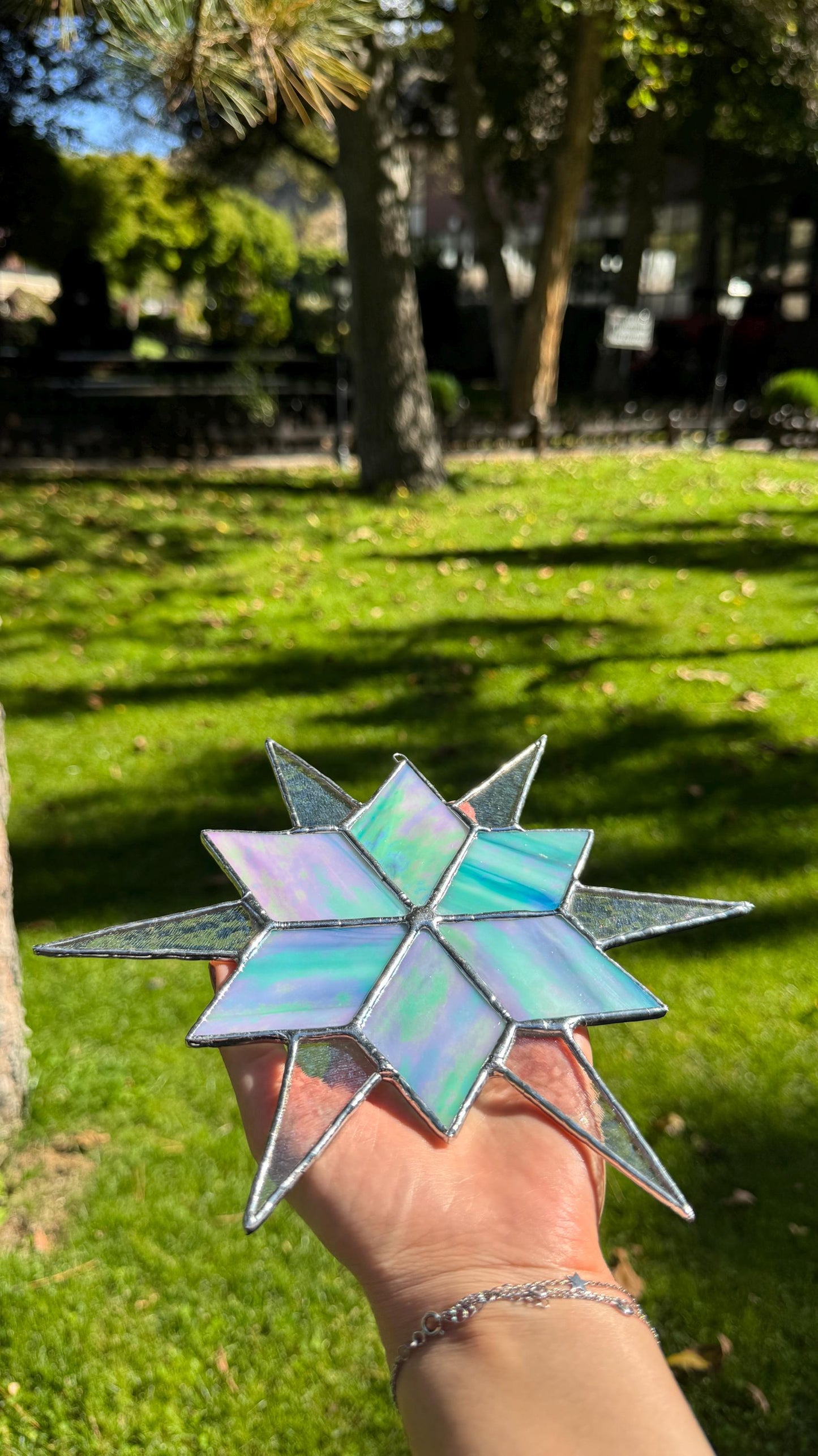 Stained Glass Sirius Star Suncatcher Handmade Ice Iridescent Glass Home Window Decor
