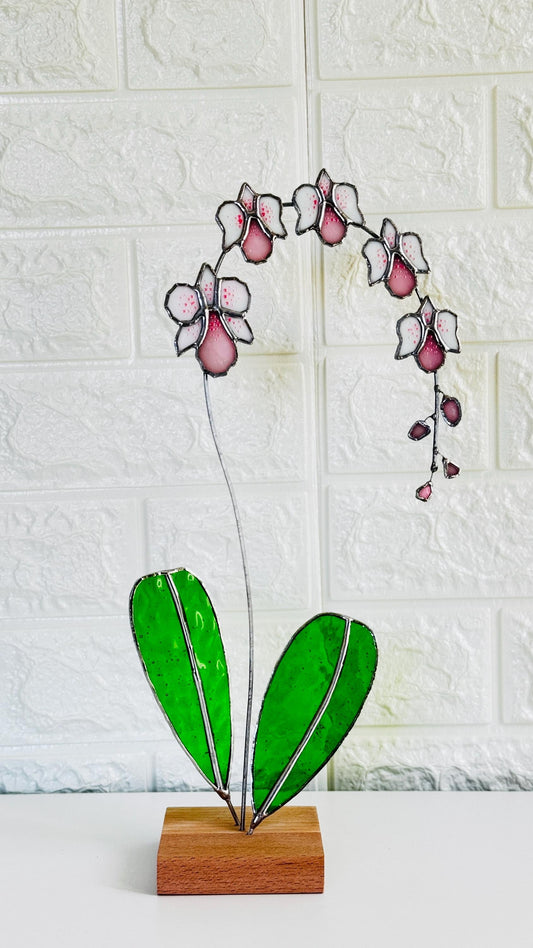 Stained Glass Orchid Suncatcher with stand: Handcrafted Floral Table Decor Flower Gift for Her