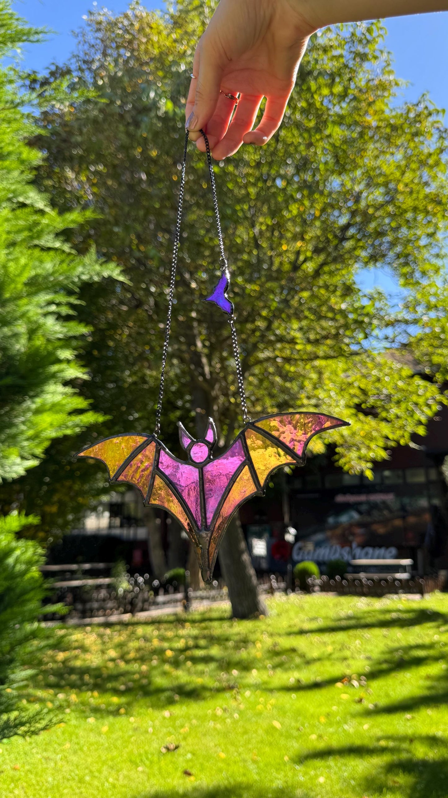Stained Glass Bat Suncatcher, Black and Tinted glass: Halloween Decor