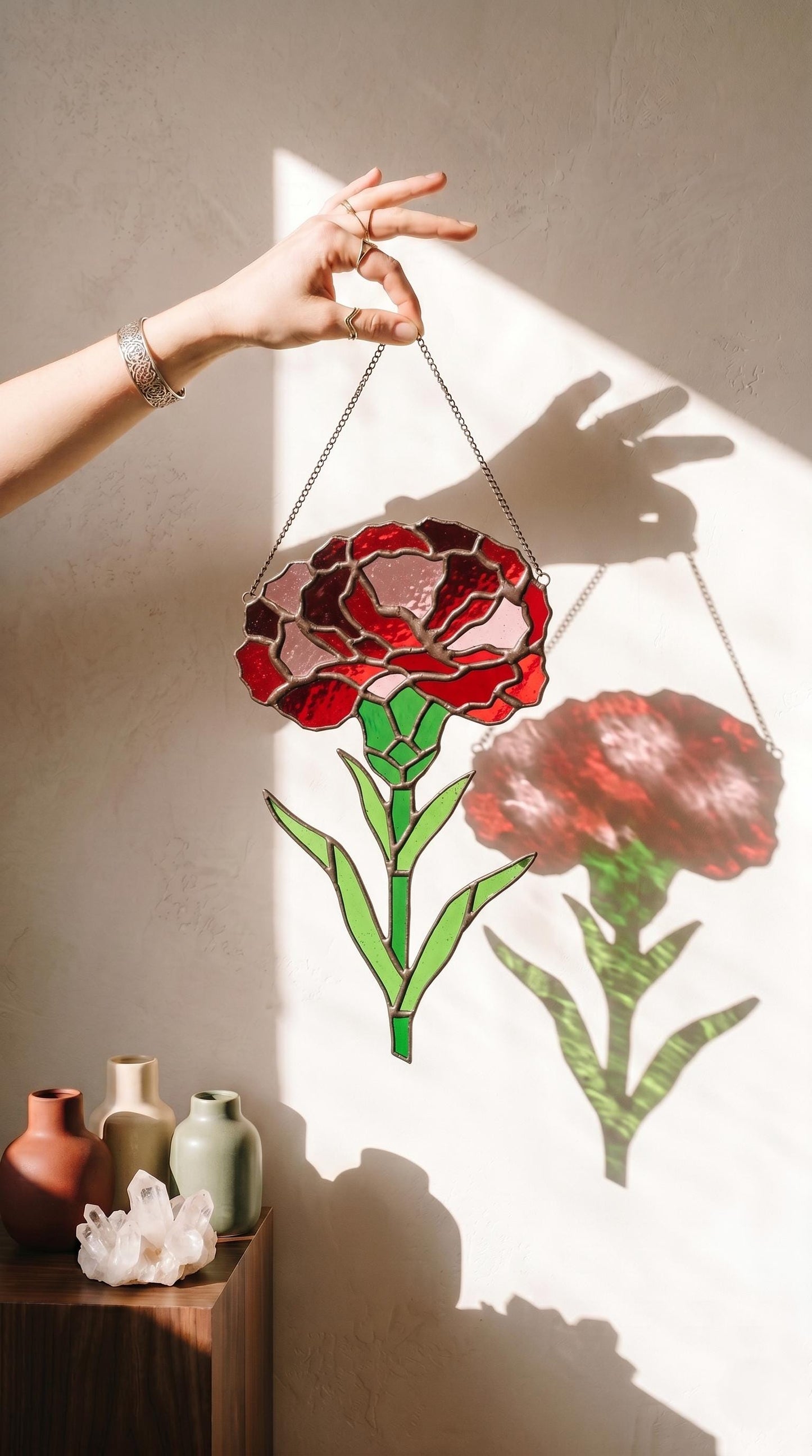 Stained Glass Flowers Carnation: Handmade Red Floral, Home Decor