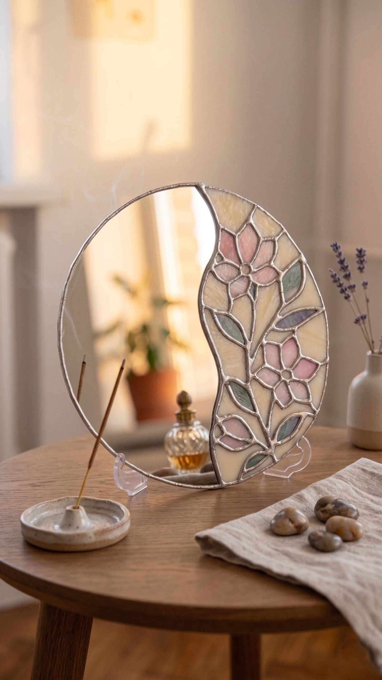Stained Glass Tabletop Vanity Mirror Handcrafted Iridescent Flower Suncatcher Desktop Makeup Art Gift