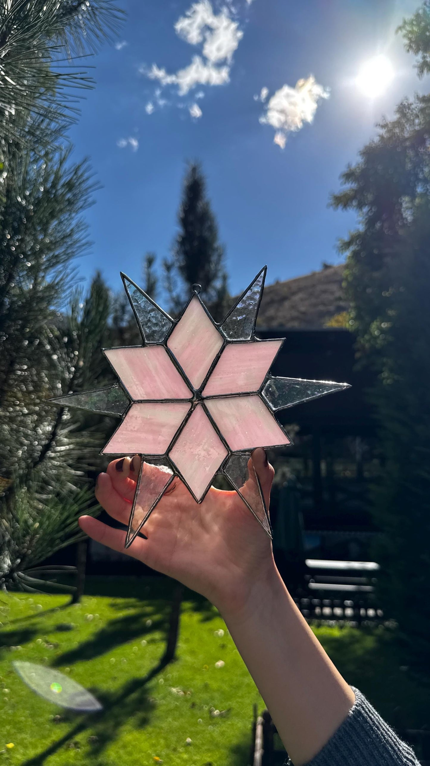 Stained Glass Star Suncatcher, Pink Iridescent Glass Ornament, Home Window Decor