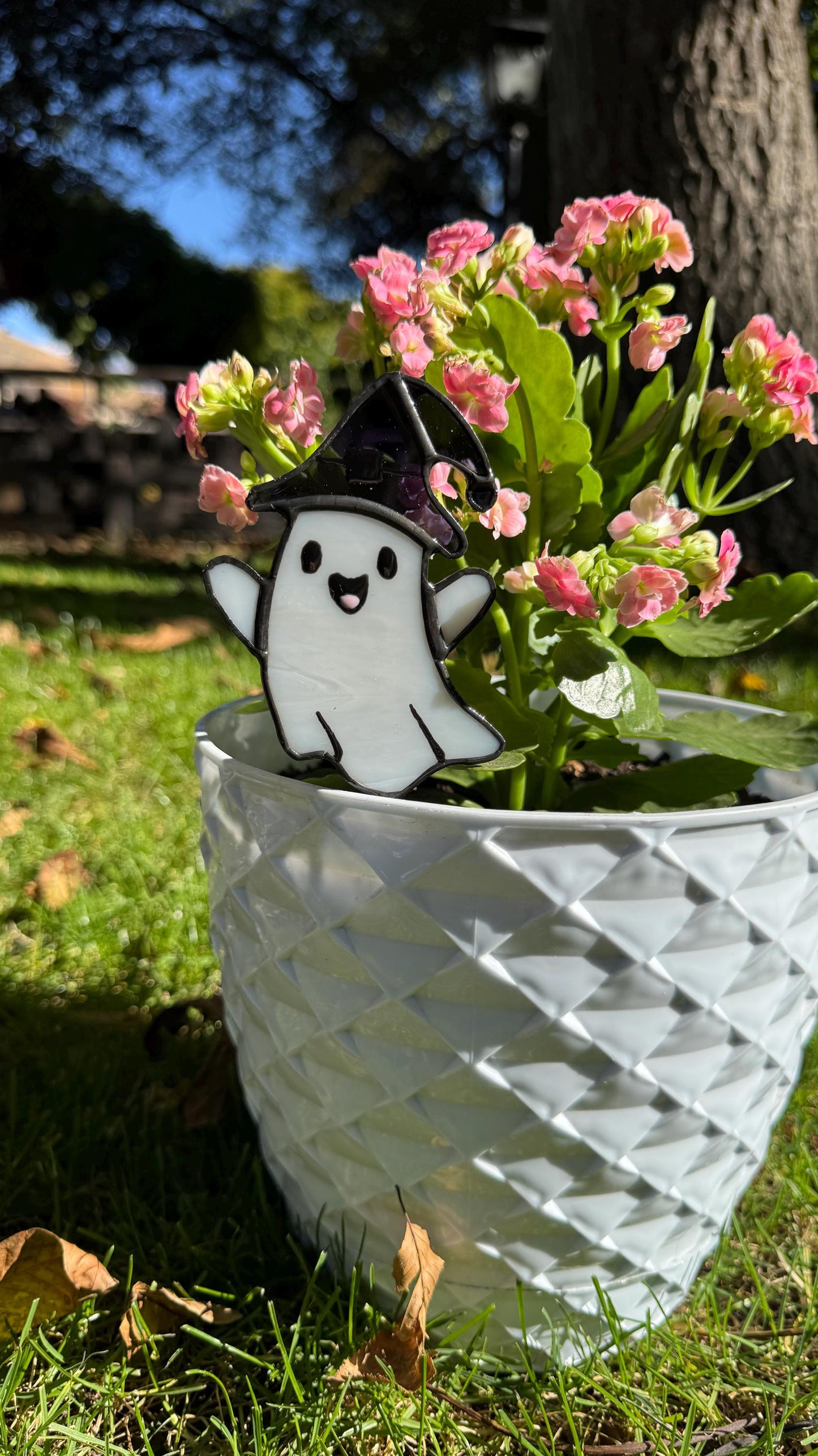 Handmade Stained Glass Ghost Plant Stake - Spooky Halloween Decor