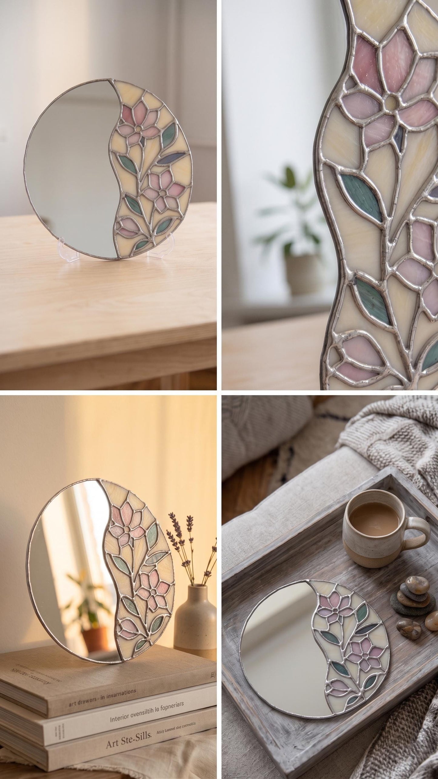 Stained Glass Tabletop Vanity Mirror Handcrafted Iridescent Flower Suncatcher Desktop Makeup Art Gift